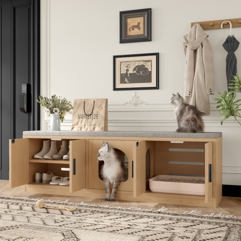 Armário para gatos oculto, arranhador integrado e design ventilado, 140 x 40 x 45,5 cm, Carvalho - 2