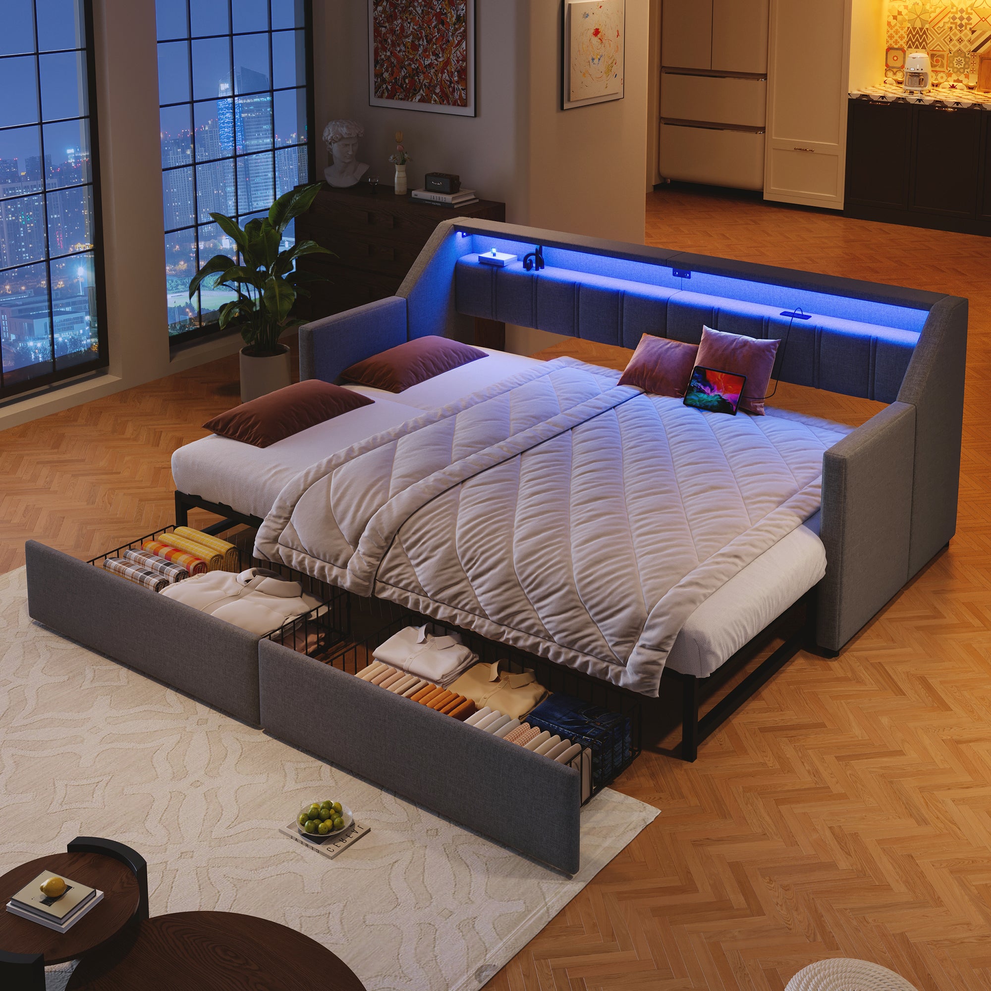 Sofá cama 90x200 cm, tapizado, con puertos USB y Tipo C, con tira de ...