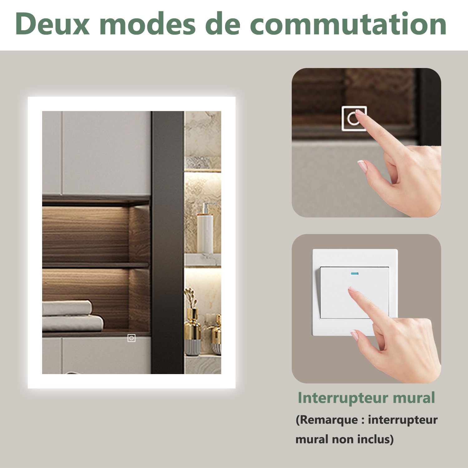 AICA Miroir lumineux rectangulaire 60x50cm,3 couleurs + dimmable + anti-buée + mémoire, miroir salle de bain - 6