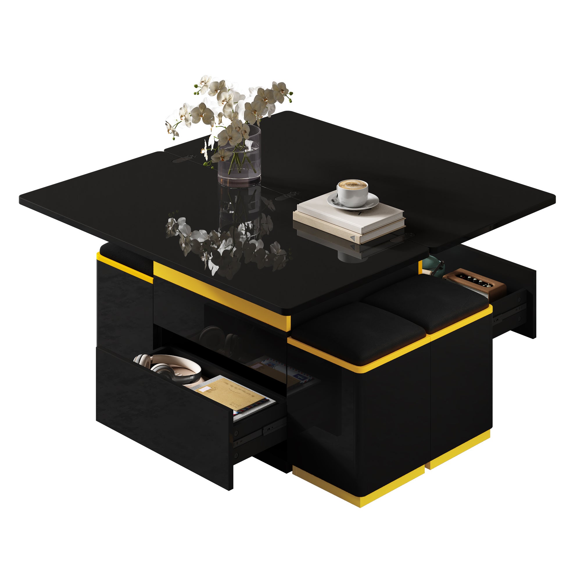 Stolik kawowy z podnoszonym blatem, 4 krzesłami i 2 szufladami – 100 x 50 x 43 cm – Płyta wiórowa + MDF – Czarny