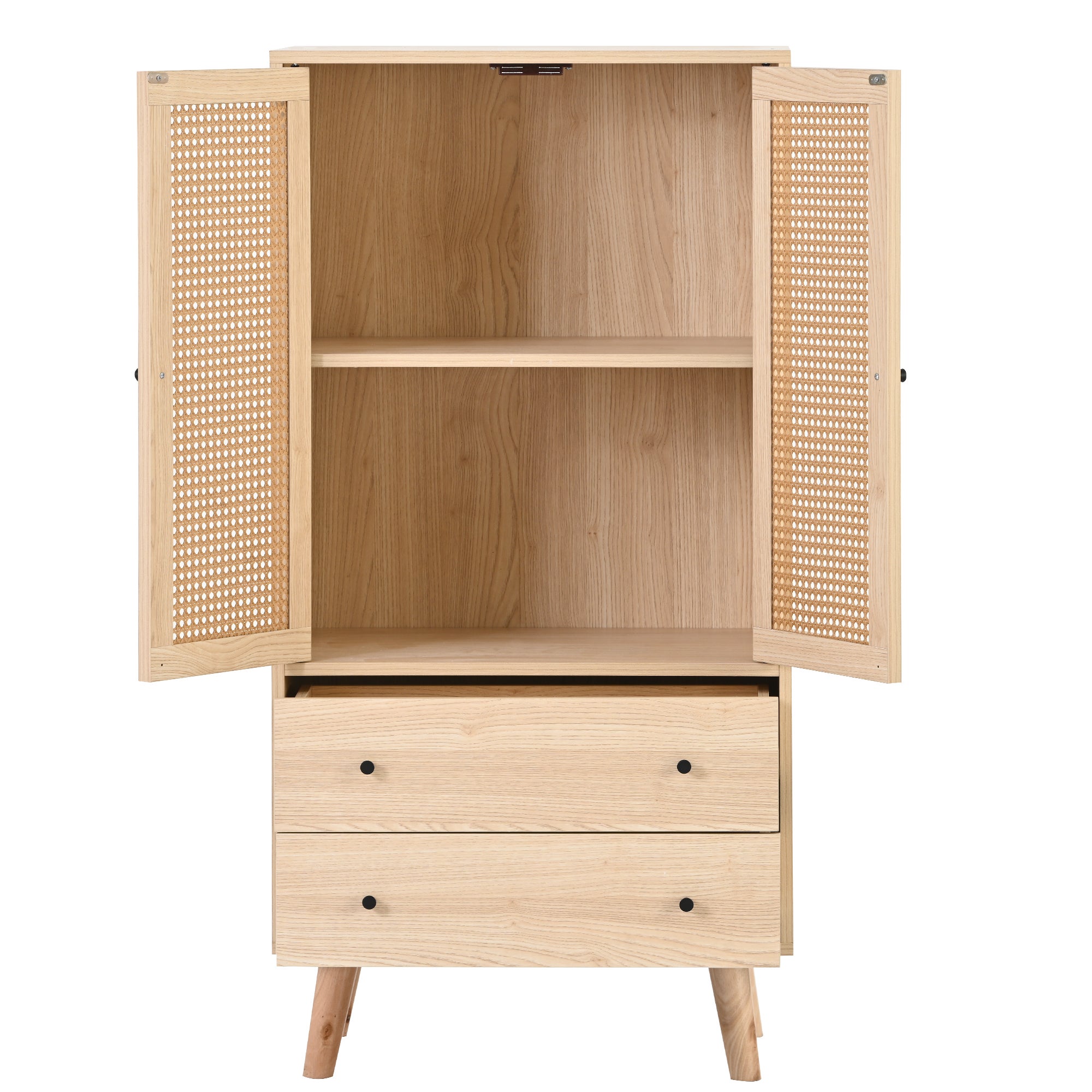 Buffet | Meuble de Rangement 60x40x120 cm - Avec 2 Portes en Rotin, 2 Tiroirs - Couleur Chêne - 5