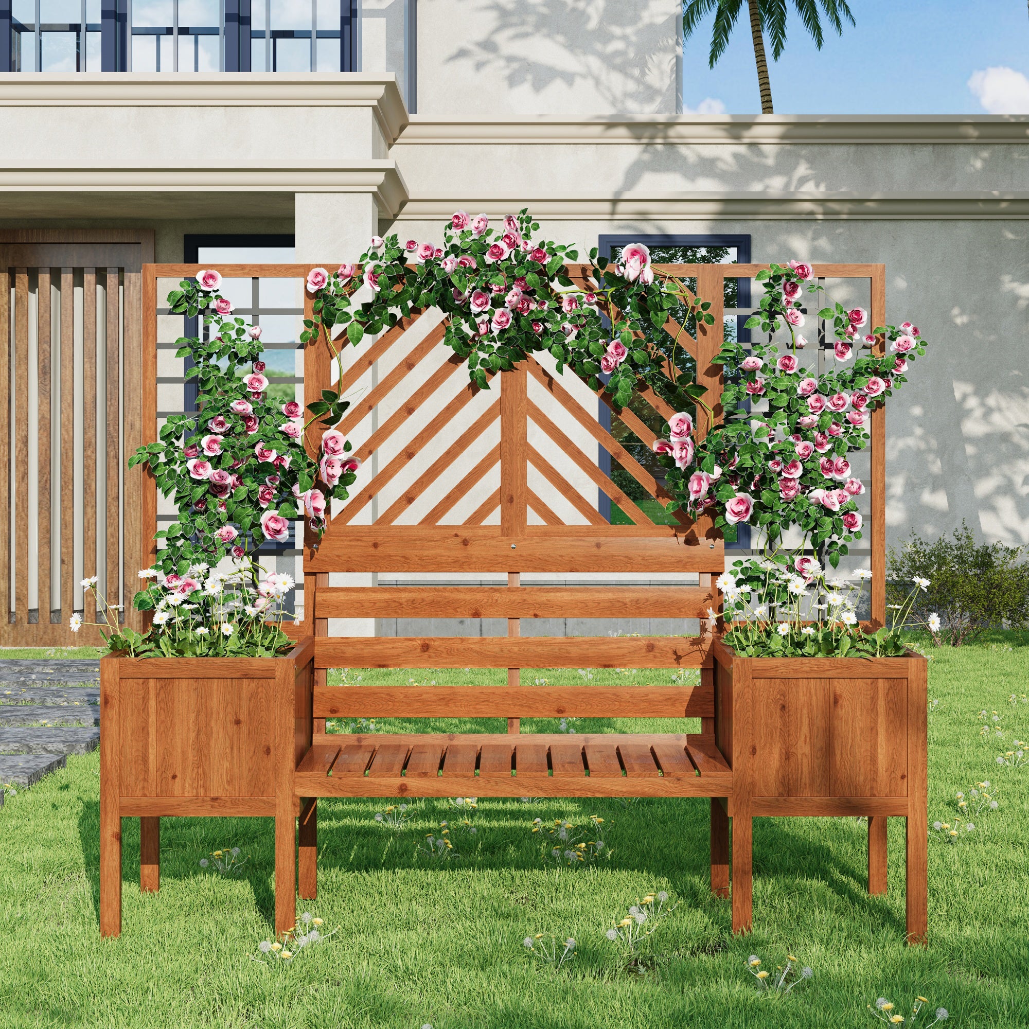 Lot de 2 Jardinière sur pièds avec Treillis en bois massif + 1 banc 2 places - 170 x 42 x 145 cm - Marron - 5