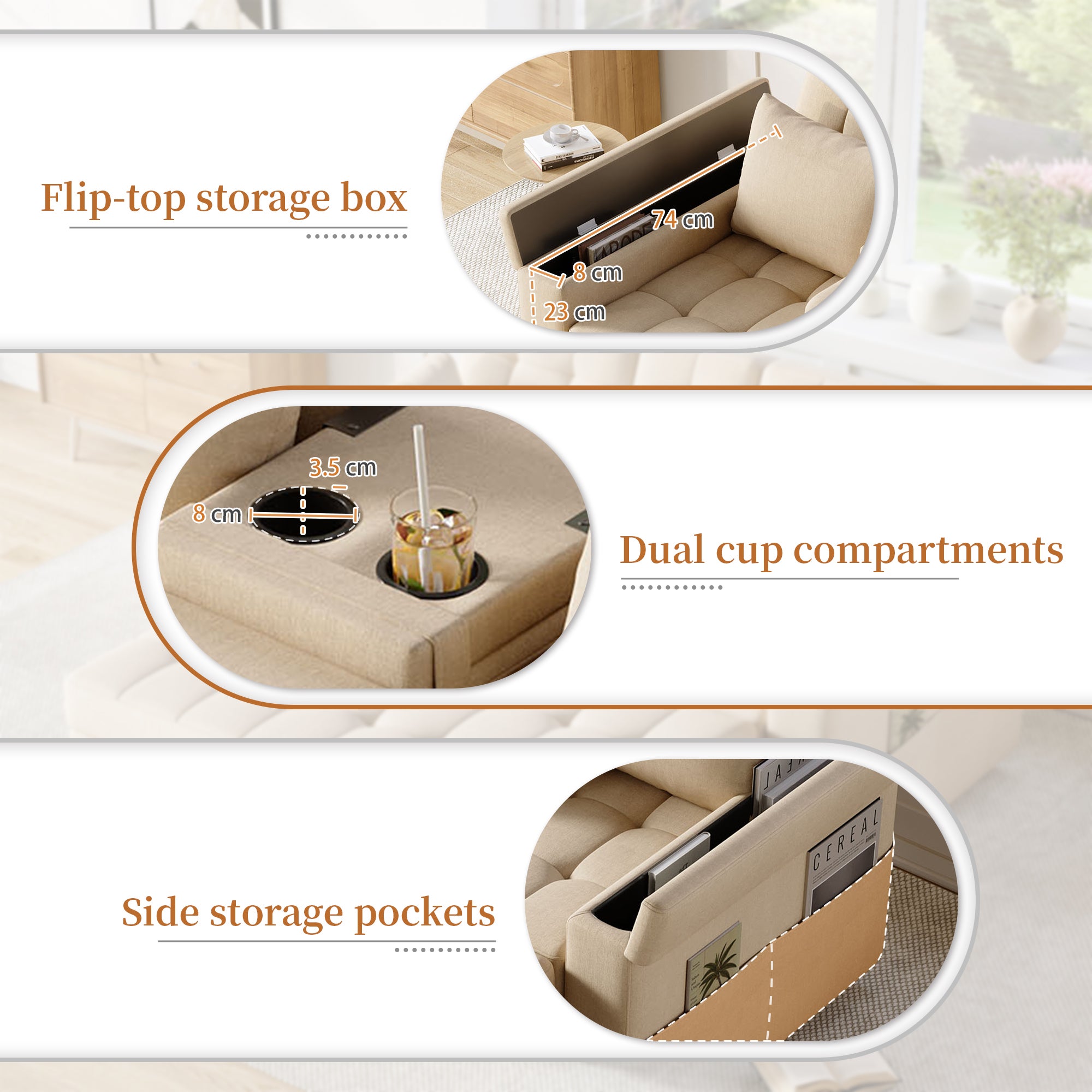 Canapé convertible 2 places avec rangement et dossier réglable, canapé pliant - 159 x 142.5 x 92 cm - Tissu en coton-lin - Beige - 6