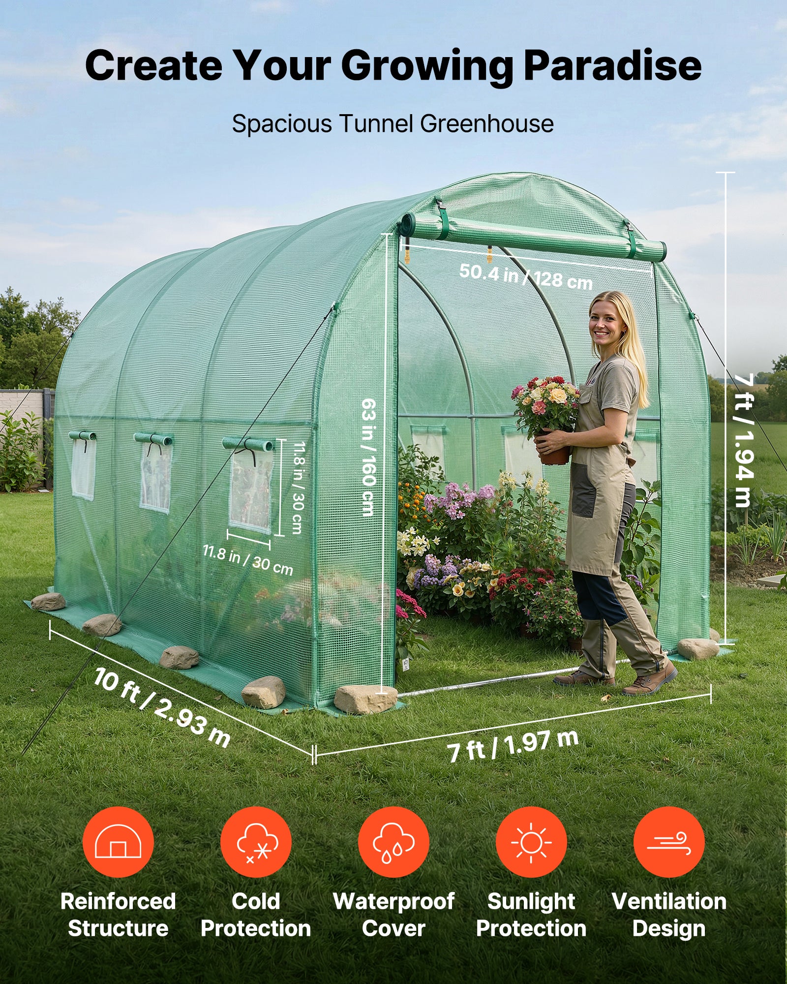 Serre de Jardin Tunnel VEVOR 2,93x1,97x1,94 m Serre Tunnel Maraîchère avec Système Arrosage 3 Modes, 4 Buses, Cadre Acier Galvanisé, Bâche PE, Vert - 2