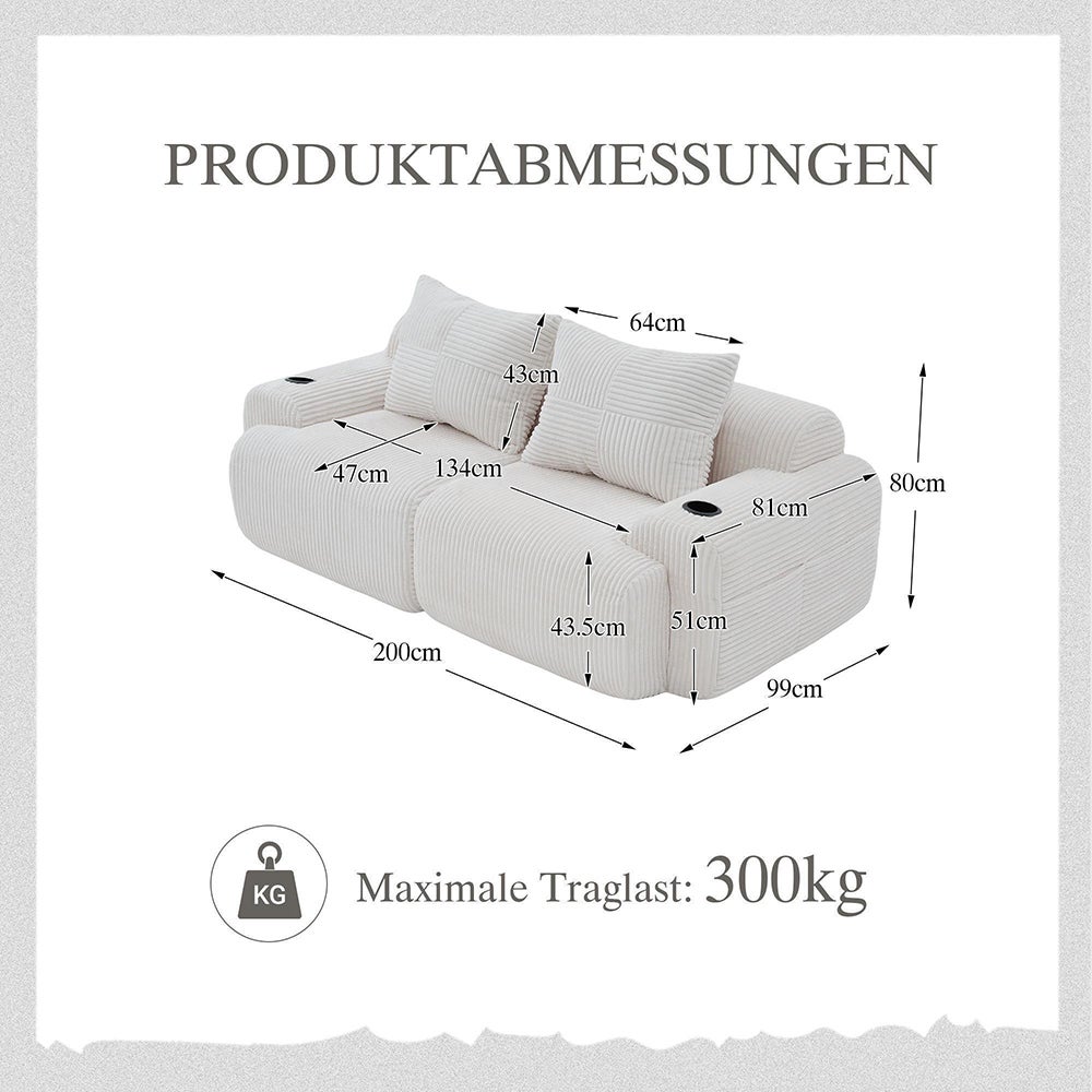 Canapé 2 places 200 cm - Canapé modulable avec accoudoirs - Porte-gobelets - Sans montage - Tissu velours côtelé - Beige - 6