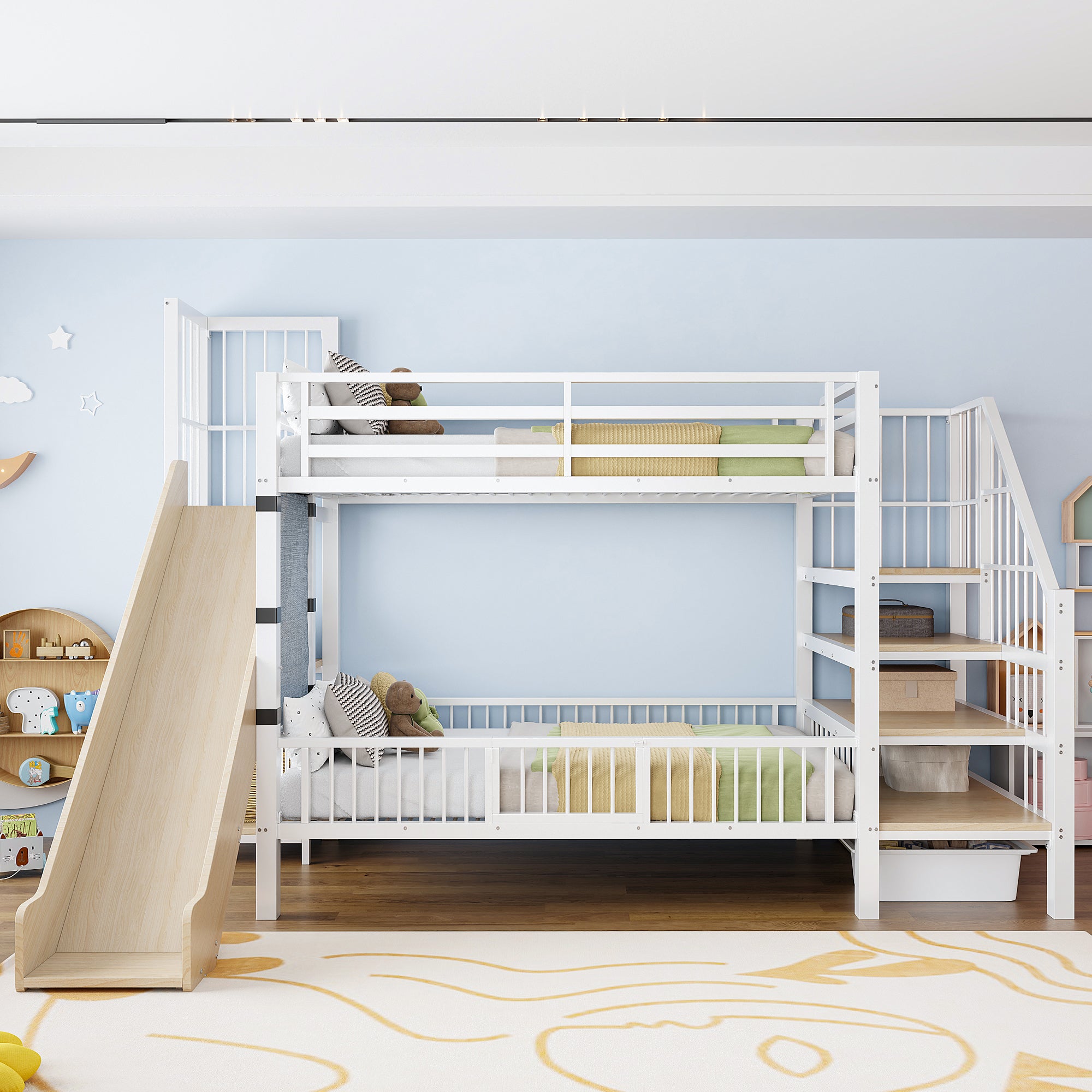 Metalowe łóżko piętrowe dla dzieci 90 x 200 cm - ze zjeżdżalnią - z barierkami bezpieczeństwa - ze schodkami - z półką - biały (bez materaca)