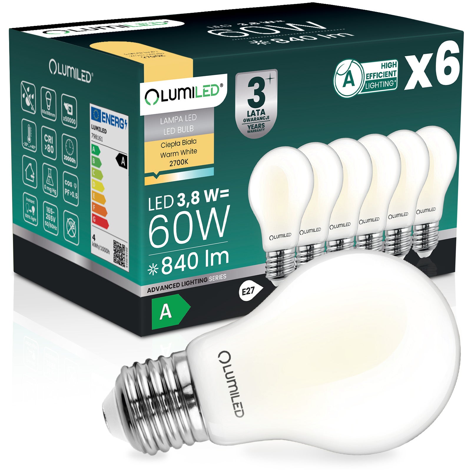 Żarówka LED Lumiled E27 A60 3.8W 840lm 2700K Ciepła biel 360st Filament Klasa A 6 szt.