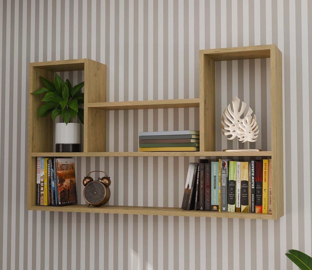 LULU - Bibliothèque à suspendre - Etagère murale - 100x60x16 cm - Rangement mural salon - Chêne - 5
