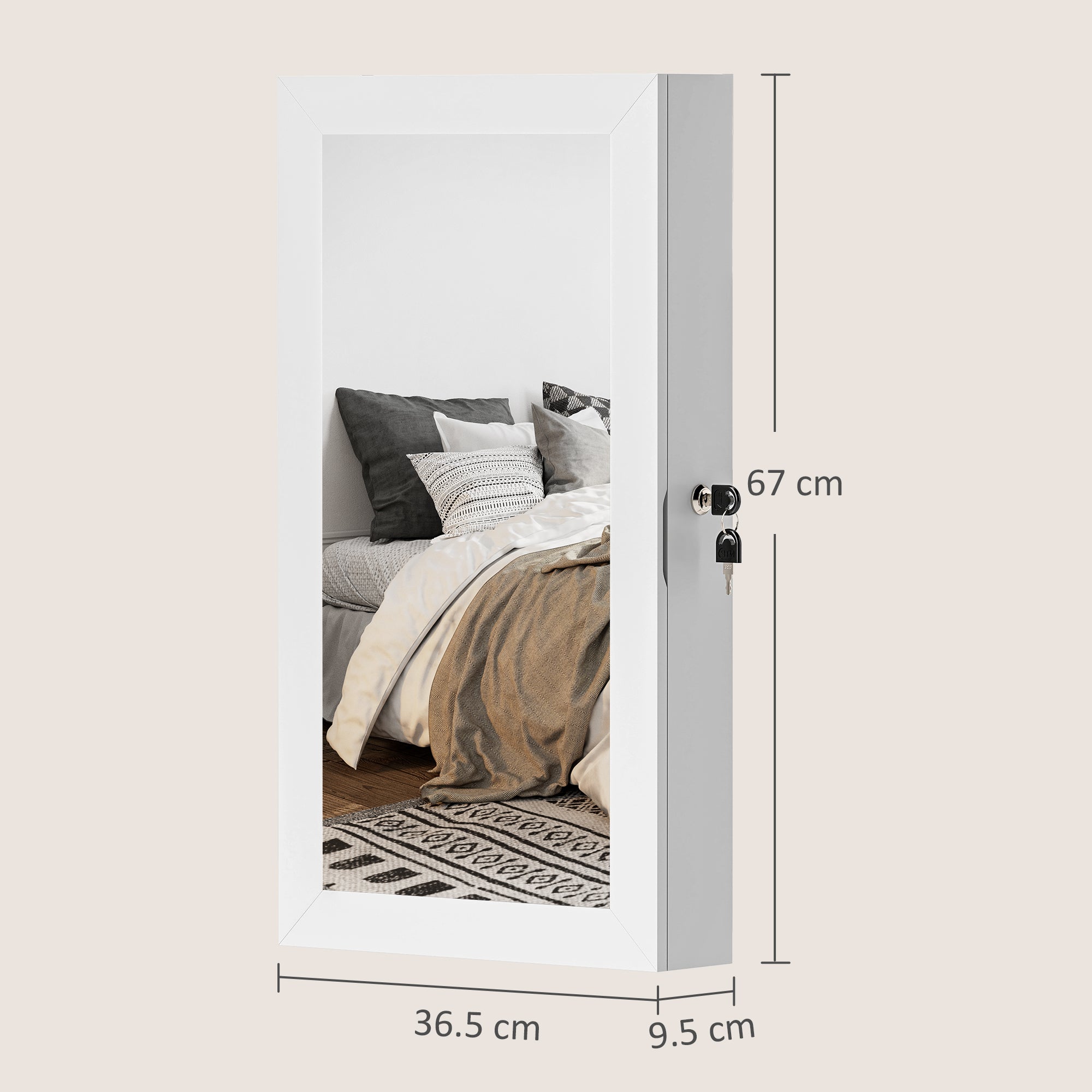 Miroir à bijoux mural , armoire à bijoux verrouillable, miroir pleine longueur en MDF pour chambre et salon, 36,5 x 9,5 x 67 cm, blanc - 4