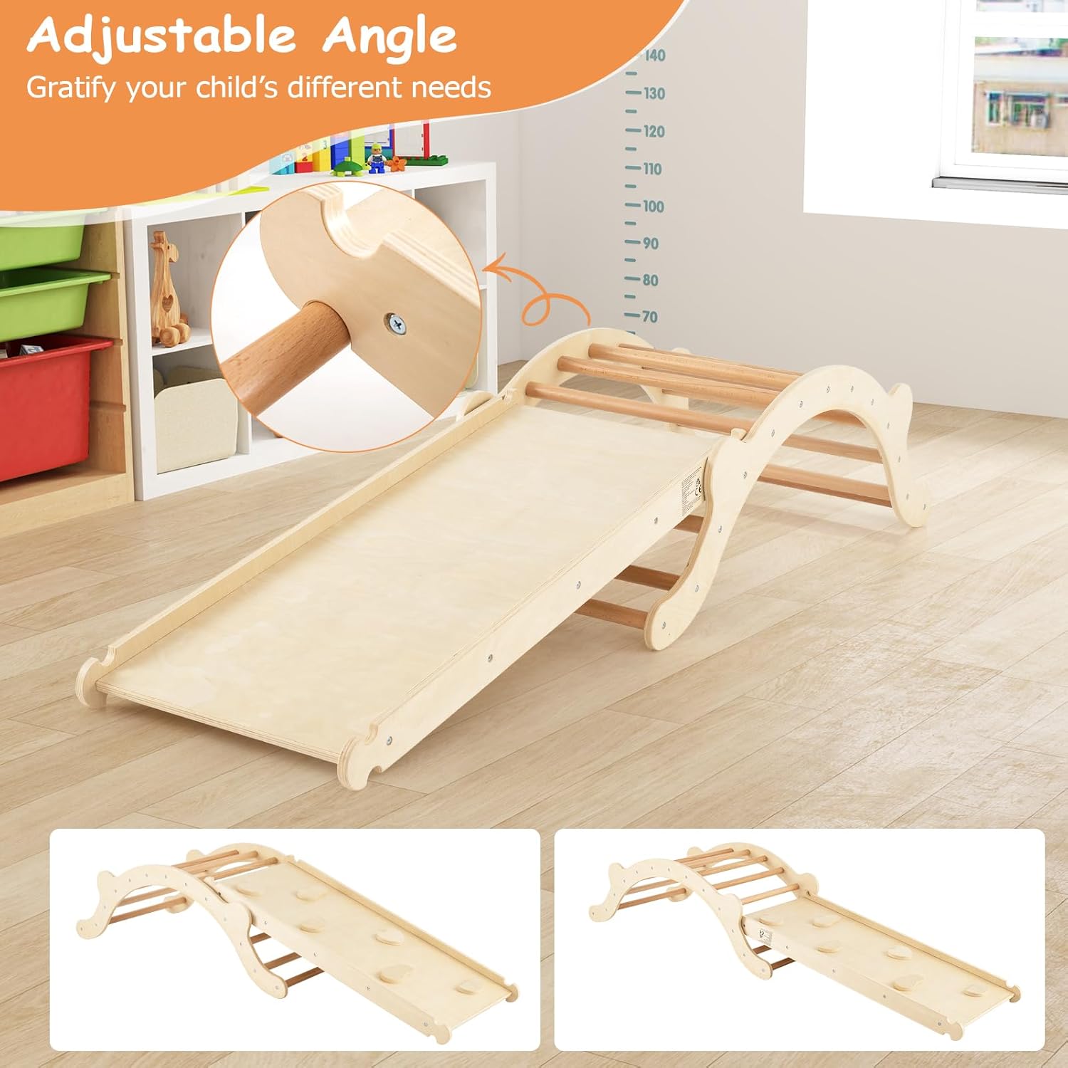 4 en 1 Arche d’Escalade Montessori Enfant Bois avec Toboggan Ajustable en Bois, avec Coussin Charge 60KG pour Bébé 1 an+ (Naturel Plus) - 9