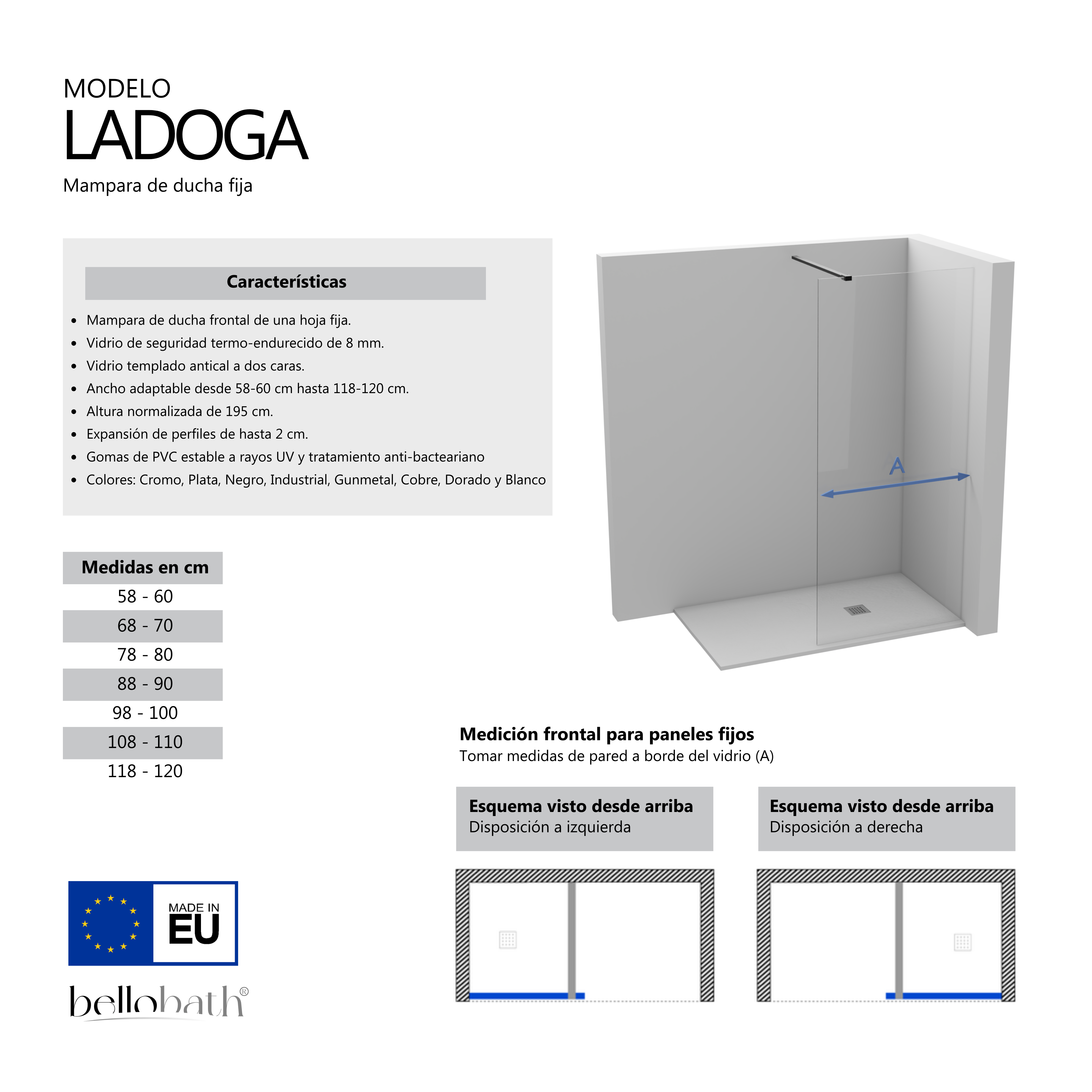 BELLOBATH - Divisória de duche frontal com painel fixo - Transparente - Perfis cromados - Largura adaptável 120-122 cm - Alto 195 cm - 4