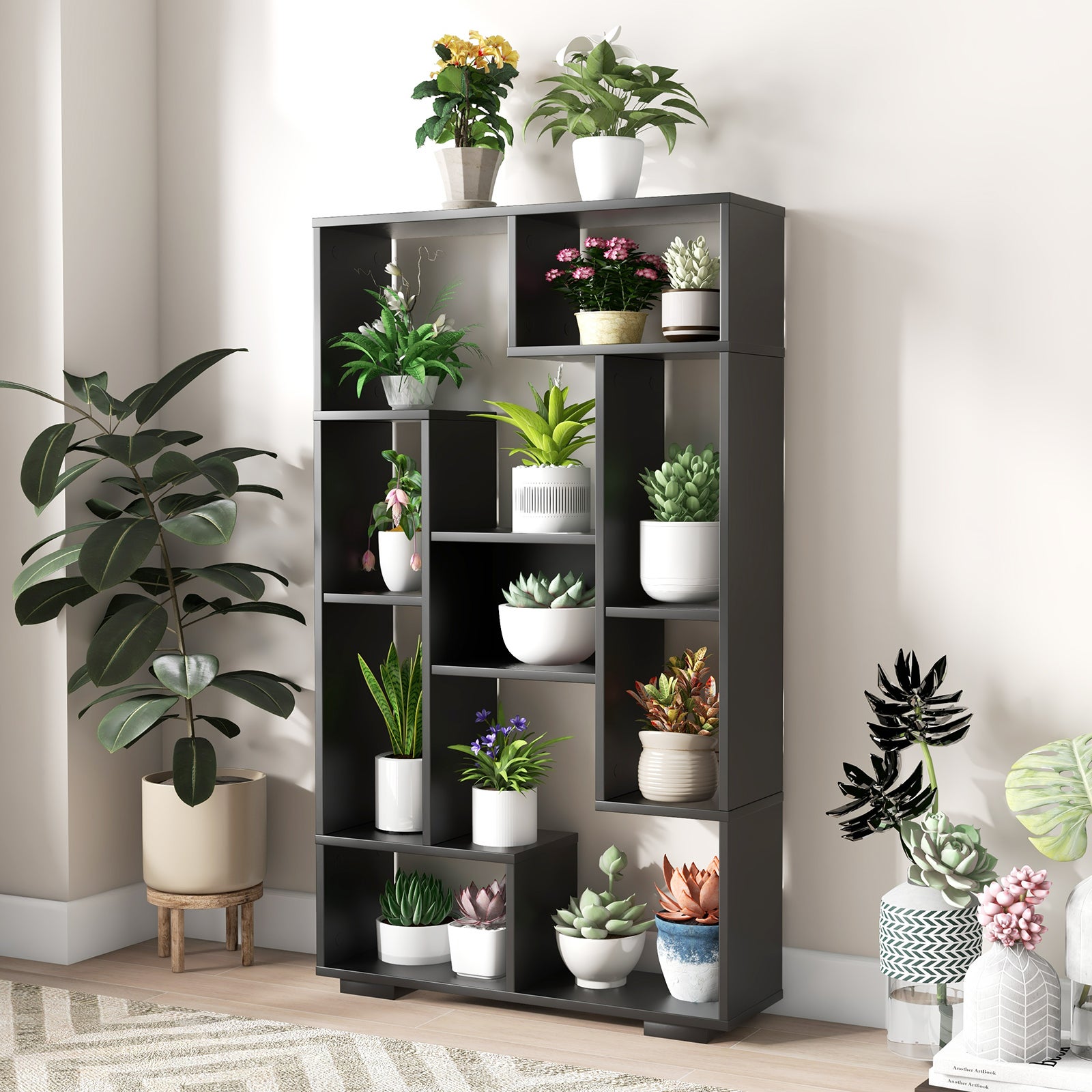 Biblioteka geometryczna 120 cm, otwarte półki, wolnostojąca półka z zestawami zabezpieczającymi przed przewróceniem, do biura, salonu, czarna - 7