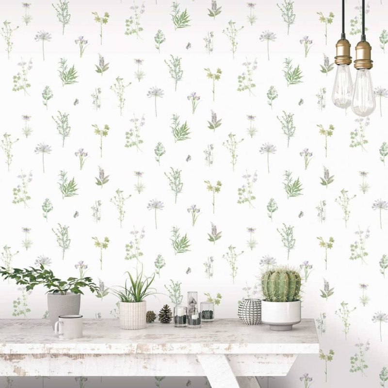 Noordwand papel de pared evergreen herbs and flowers blanco