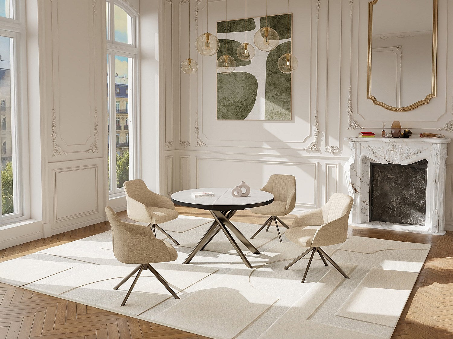 Stół do jadalni rozkładany dla 4-6 osób z ceramiki, MDF i metalu - Efekt białego marmuru i brązu - FEROLA