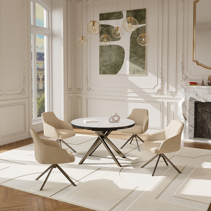 Stół do jadalni rozkładany dla 4-6 osób z ceramiki, MDF i metalu - Efekt białego marmuru i brązu - FEROLA