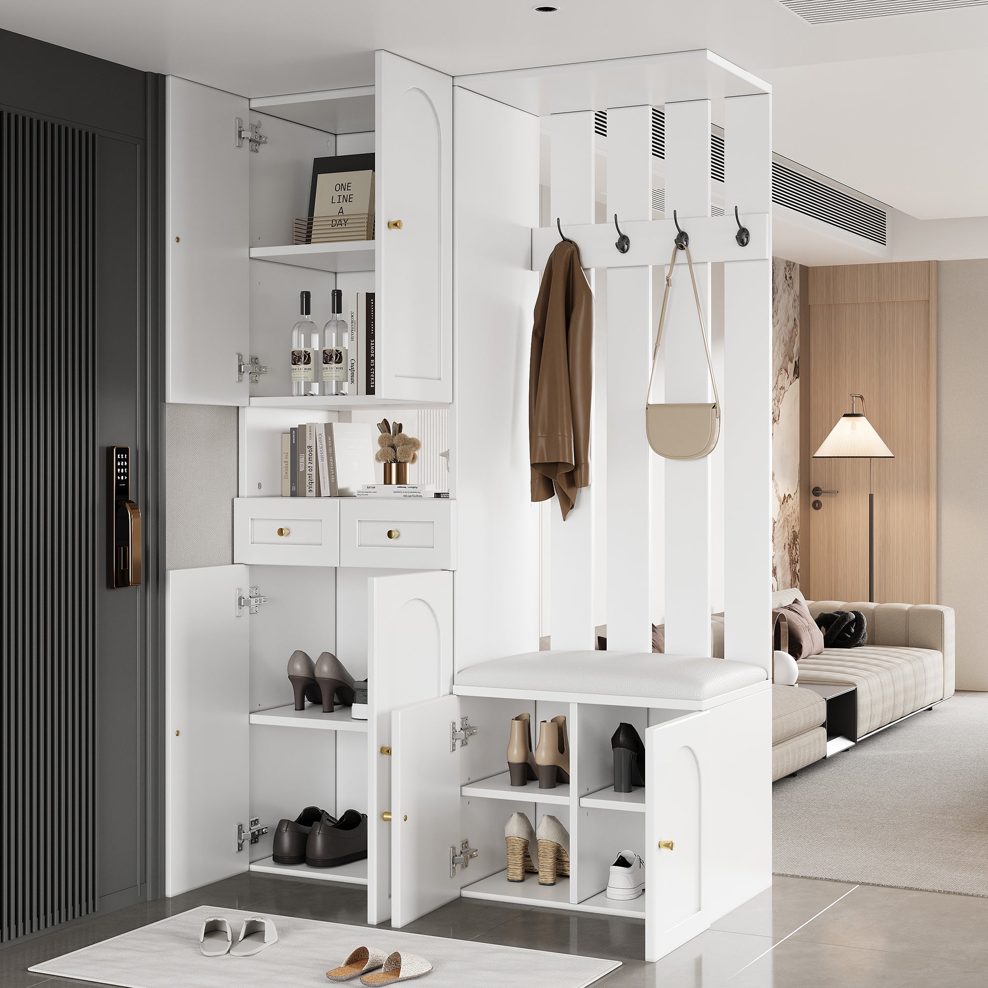 Vestiaire d'entree&nbsp;110×37×180 cm, ensemble d'armoire avec banc à chaussures, 4 crochets, 6 portes et 2 tiroirs, blanc - 4