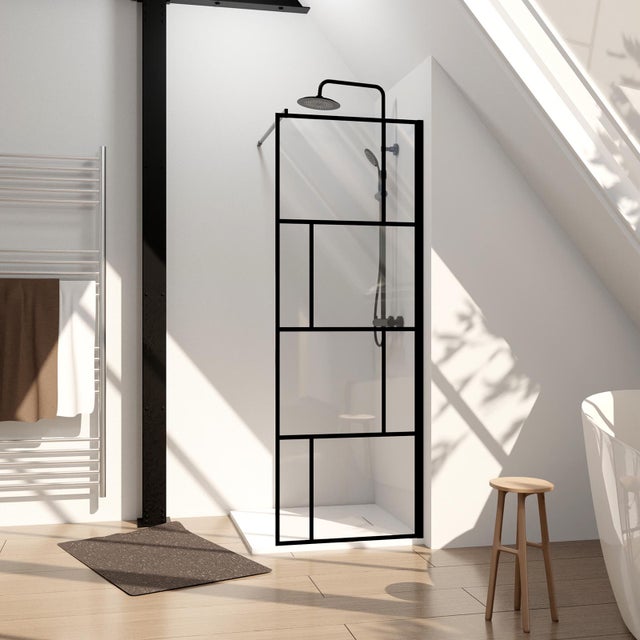 Paroi de Douche à l'Italienne Serigraphie type Briques - 70x195cm - Profile Noir Mat - Verre 5mm