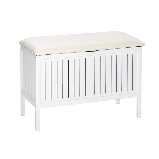 Tabouret de salle de bain en bois avec rangement Olso - L. 78 x H. 52 cm - Blanc