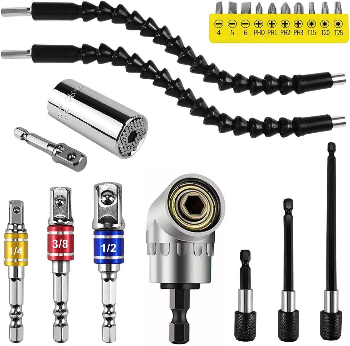 Zestaw mocowań kątowych 21-częściowy – wałek giętki 105° + adaptery 1/4"-1/2" – do wkrętarek/wiertarek