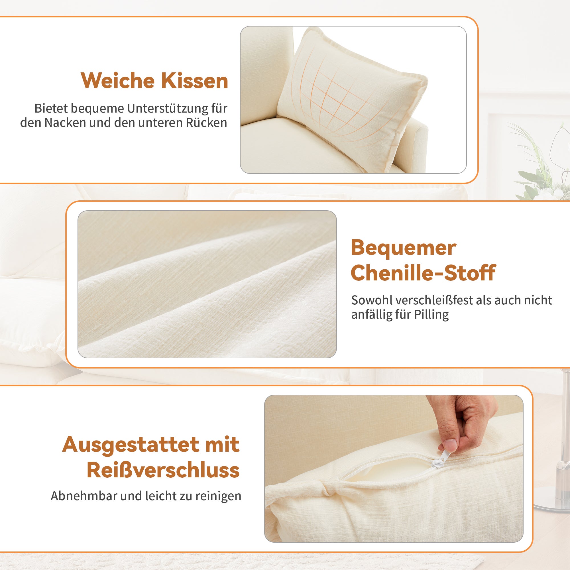 Canapé d'angle 3 places avec repose-pieds - 283 x 147 x 84 - Tissu chenille - Beige - 9