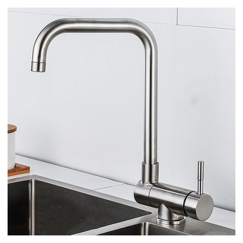 Wyciągana bateria kuchenna ze stali nierdzewnej, bateria składana, bateria do ciepłej i zimnej wody, srebrna z wężem dopływowym wody.