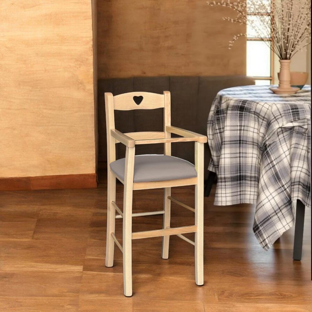 Chaise Haute en Bois Naturel Avec Assise Rembourré En Simili Cuir Gris/Taupe - 6