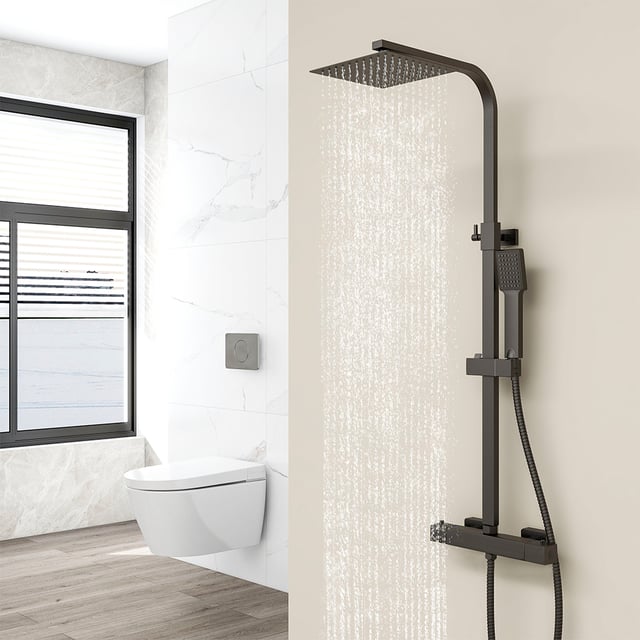 AICA Set Doccia Completo Nero con Soffione, Doccetta, Rubinetto e Saliscendi Quadrati, Miscelatore Termostatico Doccia