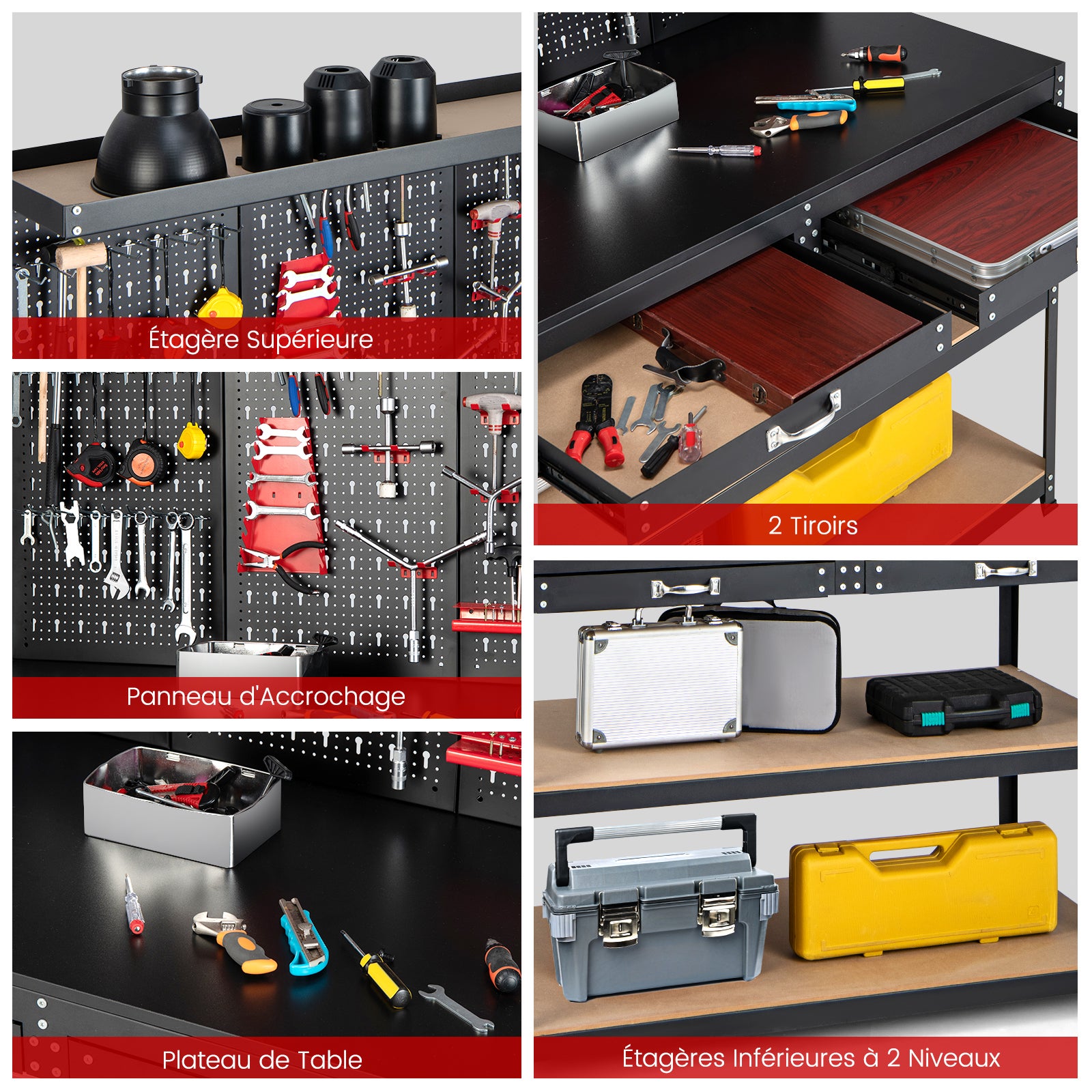 Bancada de trabalho para oficina de garagem com prateleiras e gavetas Painéis perfurados, mesa de trabalho de estrutura metálica com 25 suport - 3