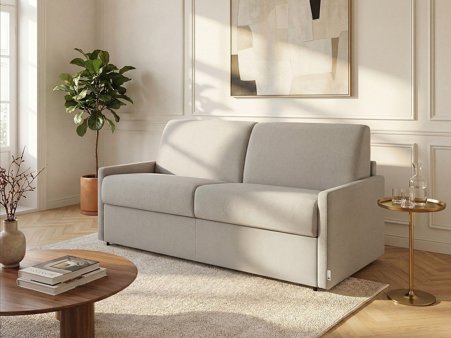 Kanapa 2-osobowa z ekspresowym mechanizmem rozkładania z tkaniny CALIFE - Kolor: beżowy - Miejsce do spania: 120 cm - Materac 22 cm z pamięcią kształt