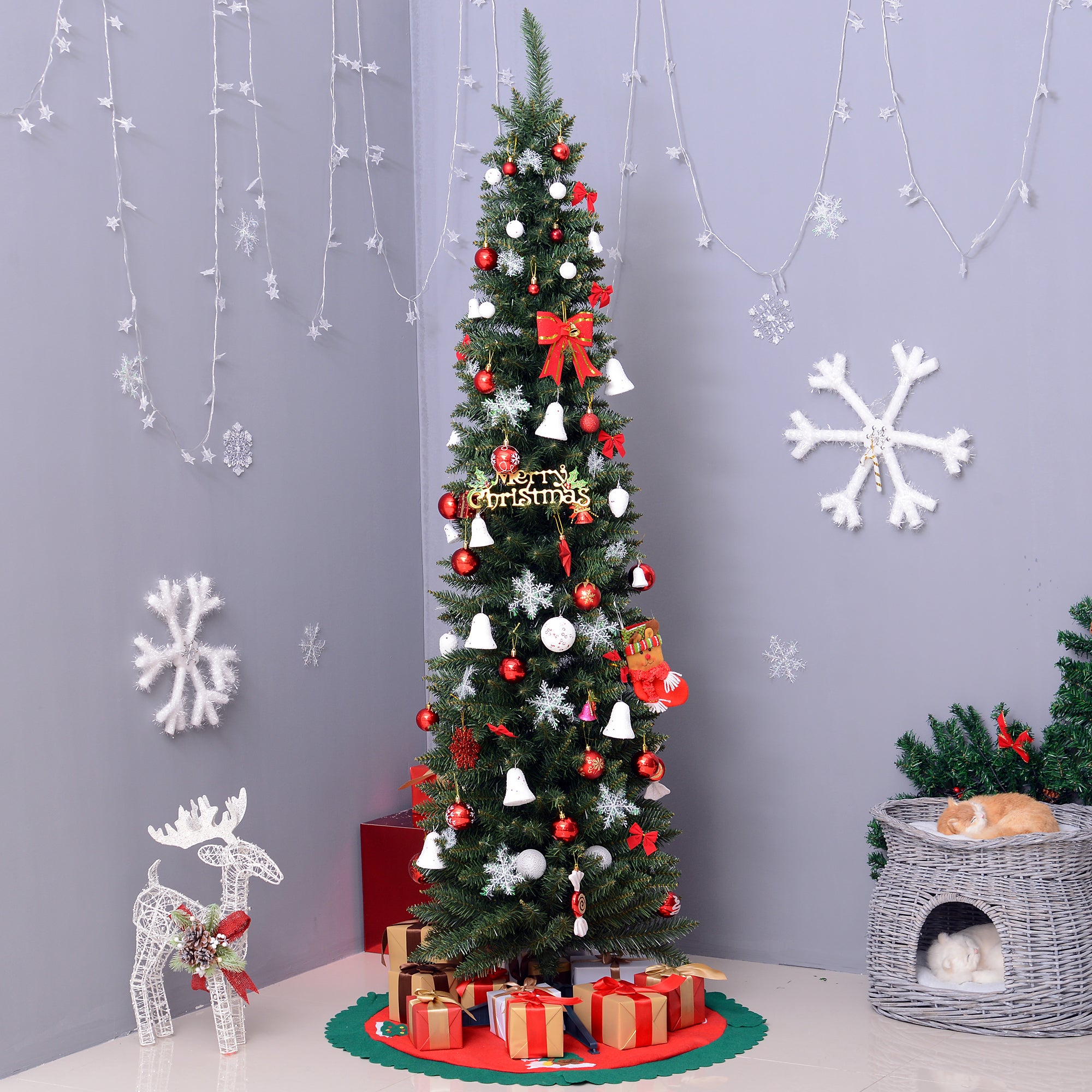 Sapin Noël artificiel étroit 180 cm 390 branches vert, base détachable, assemblage facile, décoration fêtes - 4