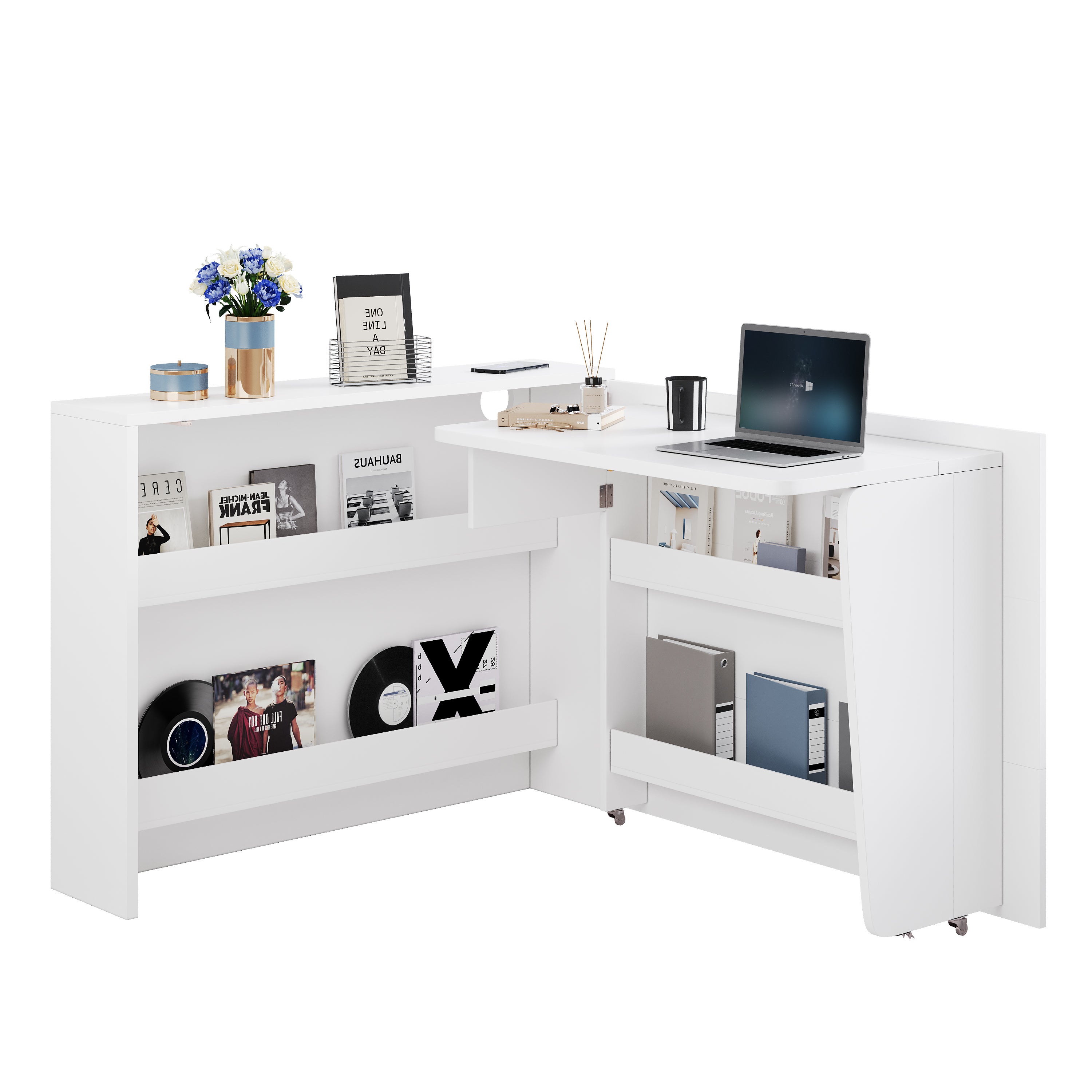 Bureau pliable 115x27x93 cm - avec fonction de charge sans fil - avec étagères et roulettes - Finition haute brillance - Blanc - 6