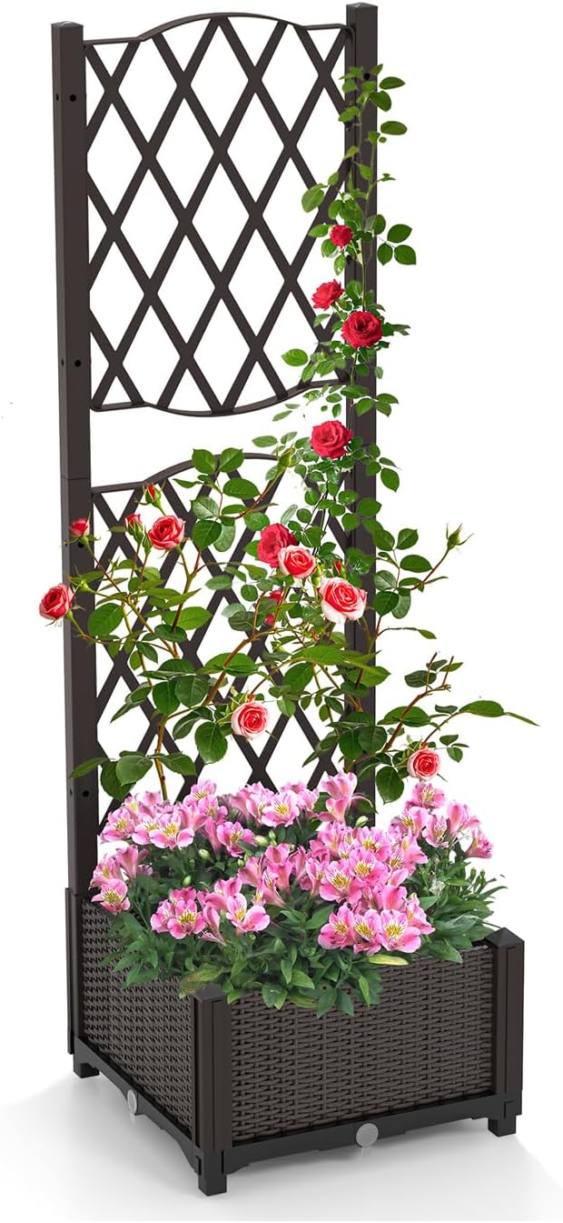 Donica z Kratką i Automatycznym Systemem Nawadniania, Podwyższona Donica z Otworami Drenażowymi, do Ogrodu, Tarasu (Brązowa, 40 x 40 x 135 cm)