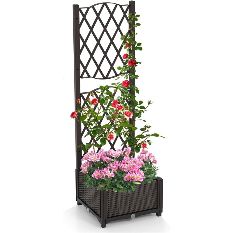 Donica z Kratką i Automatycznym Systemem Nawadniania, Podwyższona Donica z Otworami Drenażowymi, do Ogrodu, Tarasu (Brązowa, 40 x 40 x 135 cm)