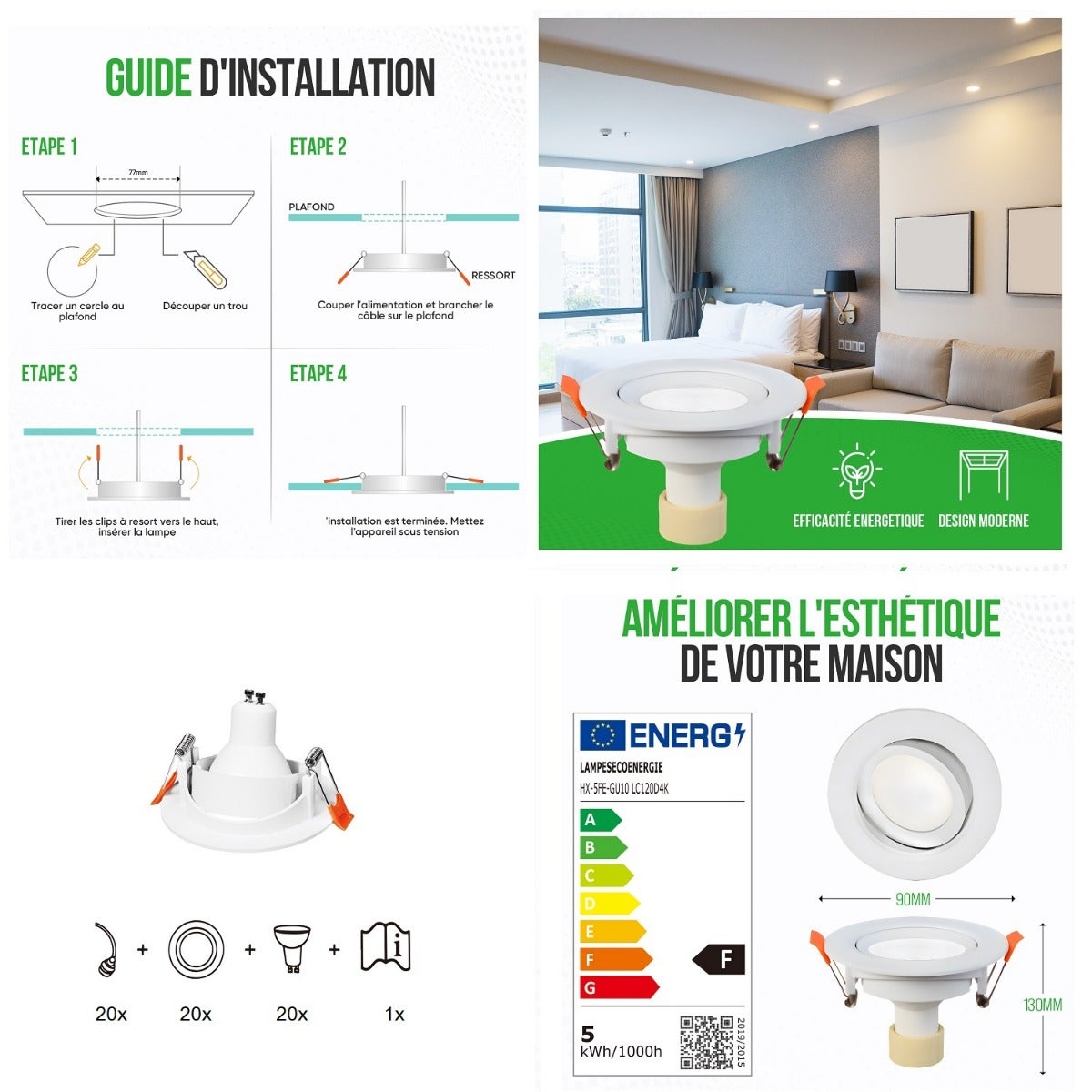 Lot de 20 Spot LED 4.9W 120° GU10 orientable downlight Ø90 Lumière Blanc Neutre - 4