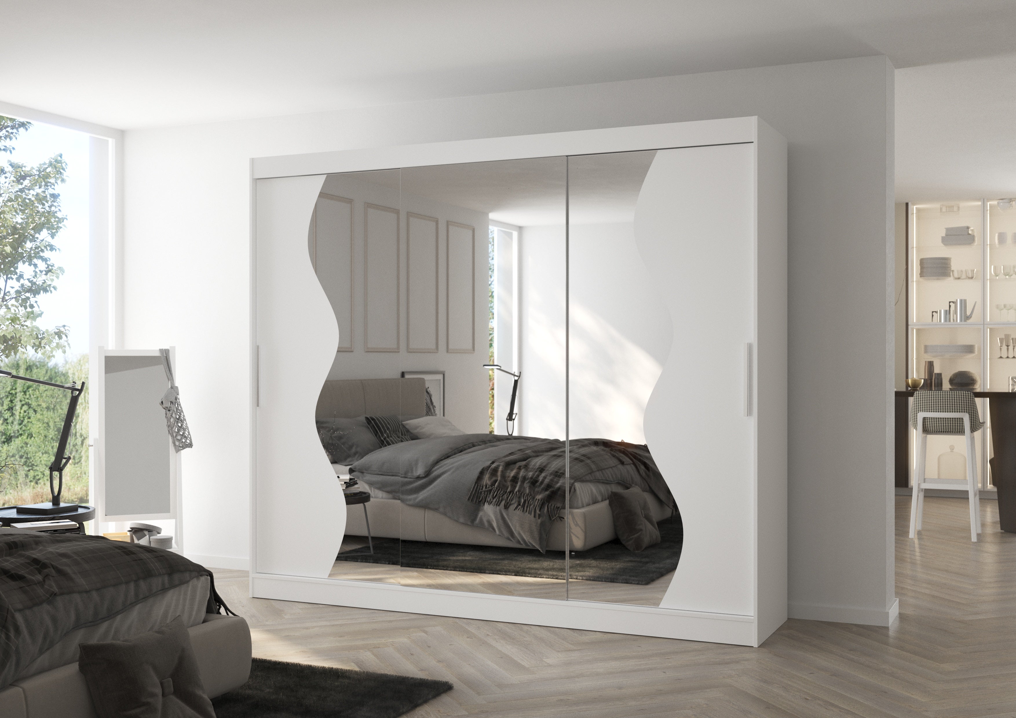 Grande armoire de chambre à coucher 3 portes coulissantes blanches et miroir biseauté Kola 250cm - 3