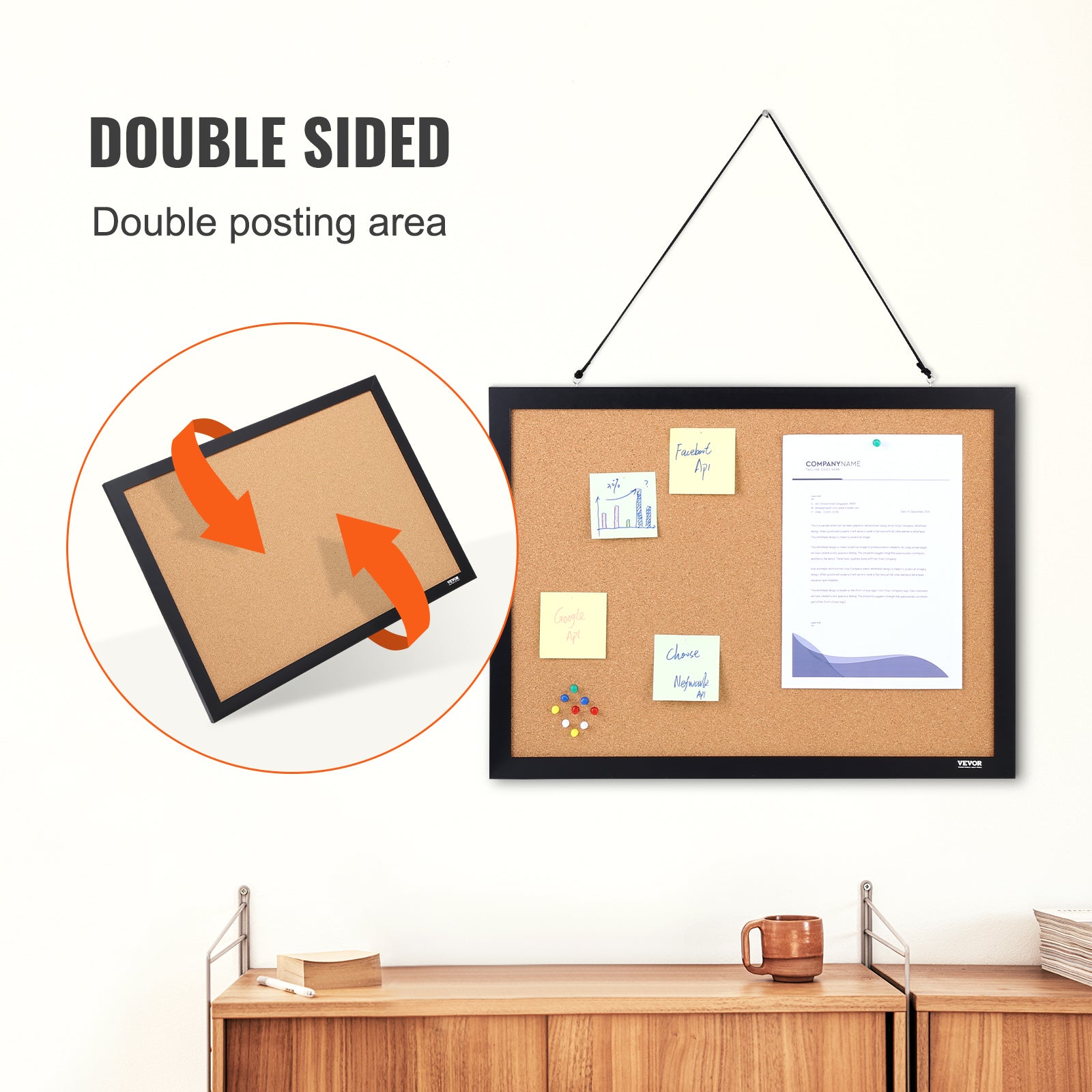 Tableau en Liege VEVOR 46x61 cm Tableau deAffichage Double-Face Panneau d’Affichage en Liege Haute Densite Auto-Reparatrice avec Cadre en MDF 10 Punai - 3