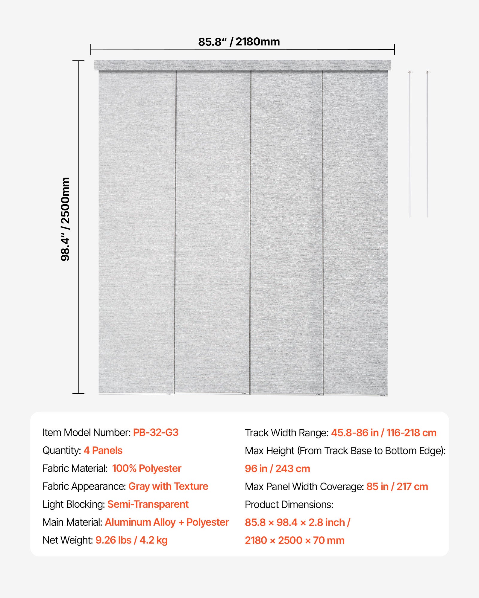 Tenda a Pannelli su Binario Estensibile VEVOR 116–218 cm, Pannello Giapponese Verticale Fino a 243 cm, Grigio - 7