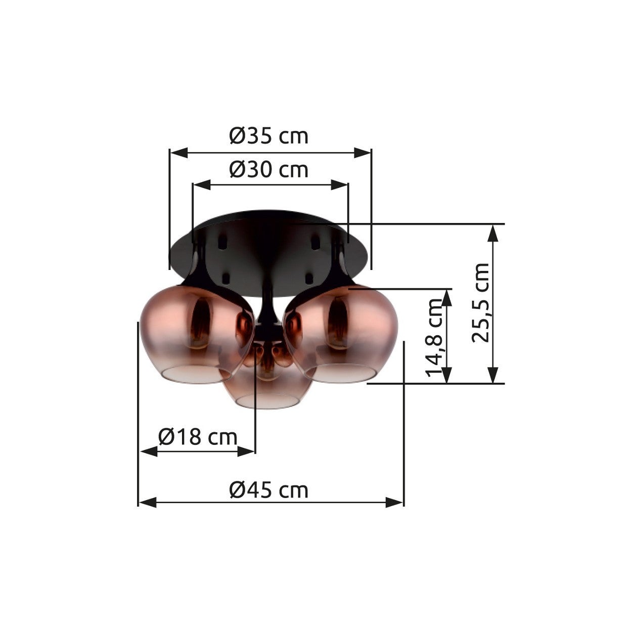 Globo Maxy Plafonnier Globe en verre noir mat cuivré, 3 ampoules E27 - 5