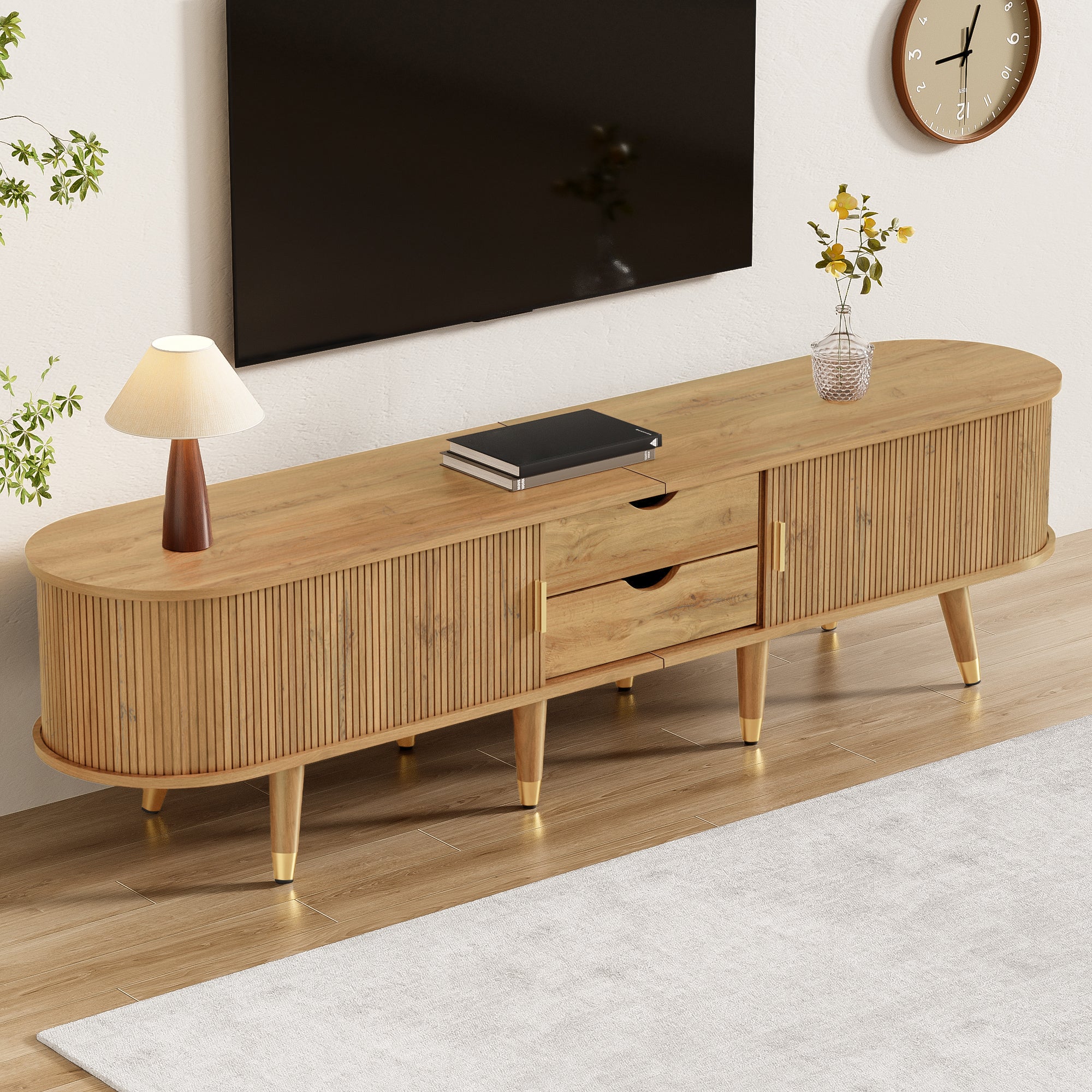Stolik pod telewizor w stylu rustykalnym 175 x 38 x 45 cm - 2 drzwi przesuwne i 2 szuflady - Wykończenie drewniane - Płyta MDF - Naturalny - 3