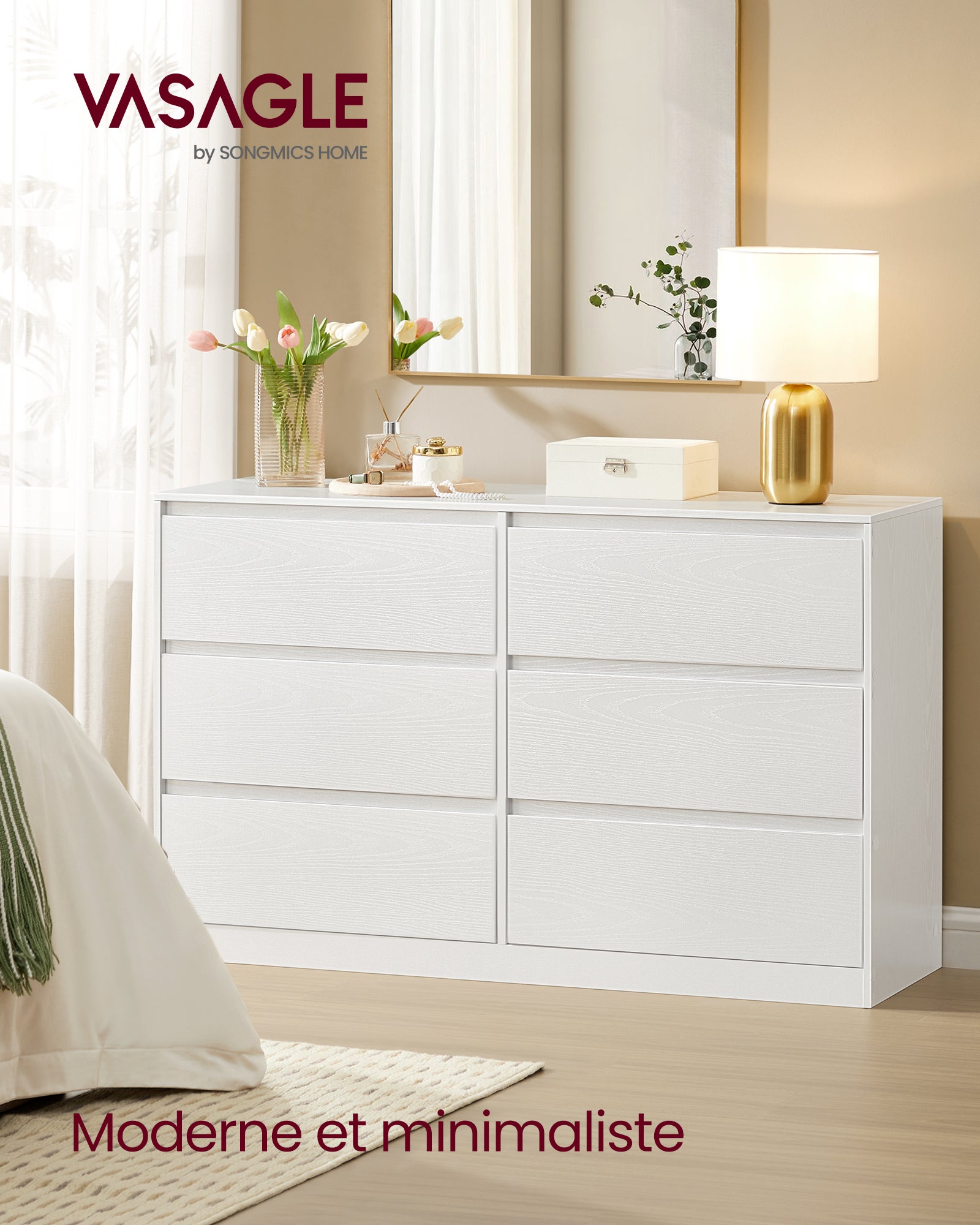 Commode Chambre 6 Tiroirs, Armoire de Rangement, Meuble à Vêtements, 40 x 119,4 x 75 cm, Style Moderne, Blanc Neige - 2