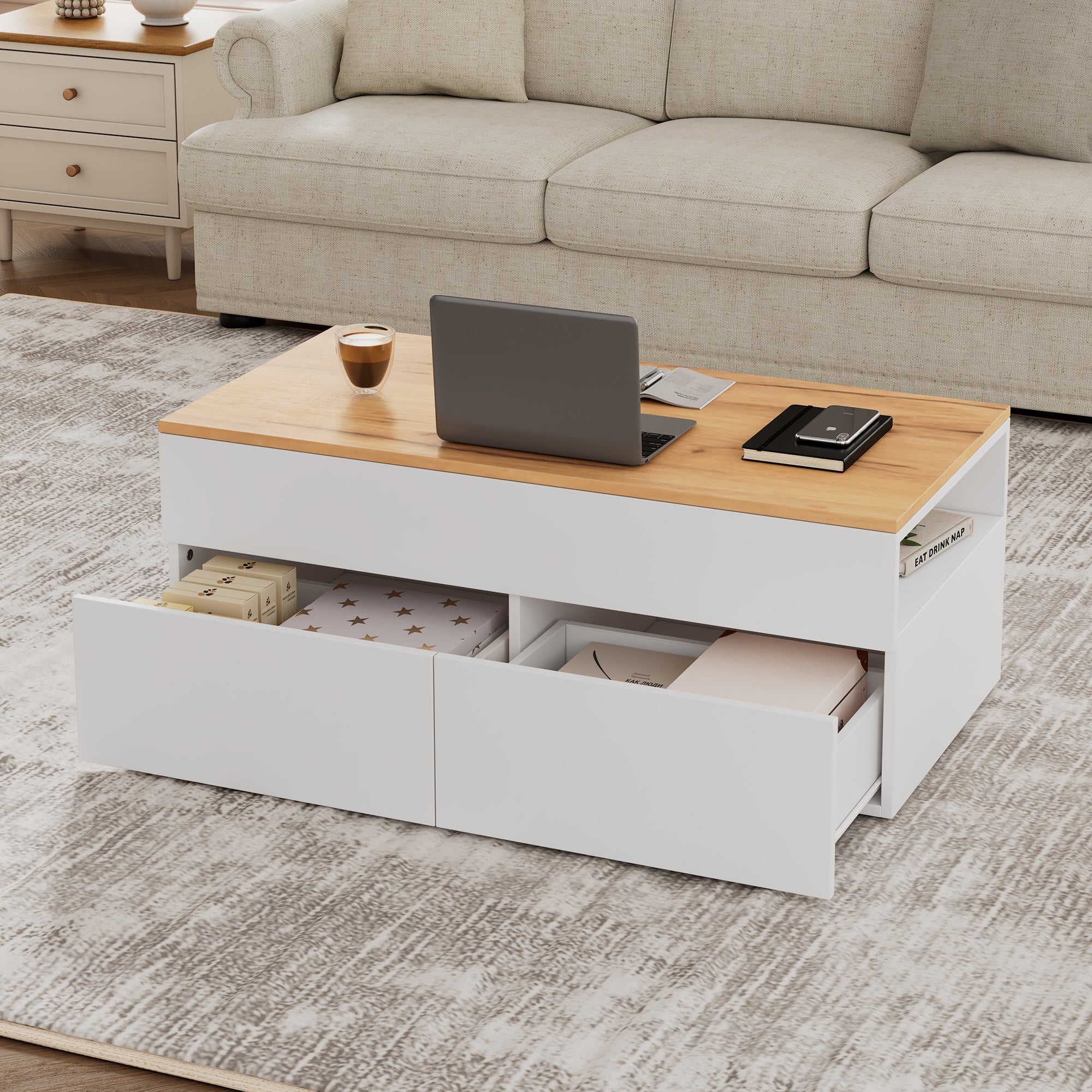 Table basse relevable 100 x 50 x 40 cm avec 2 tiroirs, rangement caché, en panneaux de particules, blanche - 5