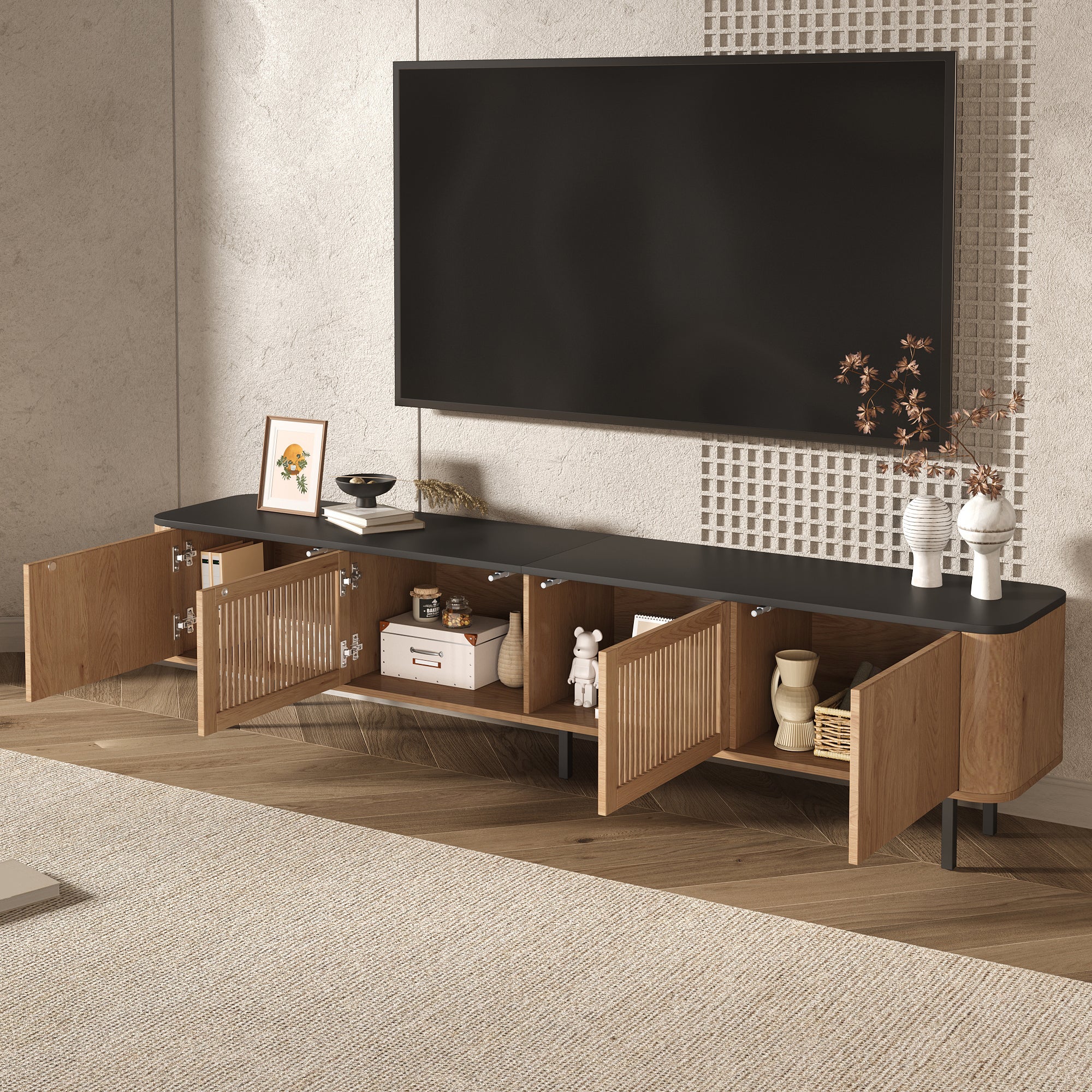 Meuble TV 190x35x45 cm avec 4 portes, design épuré, capacité de 60 kg ...