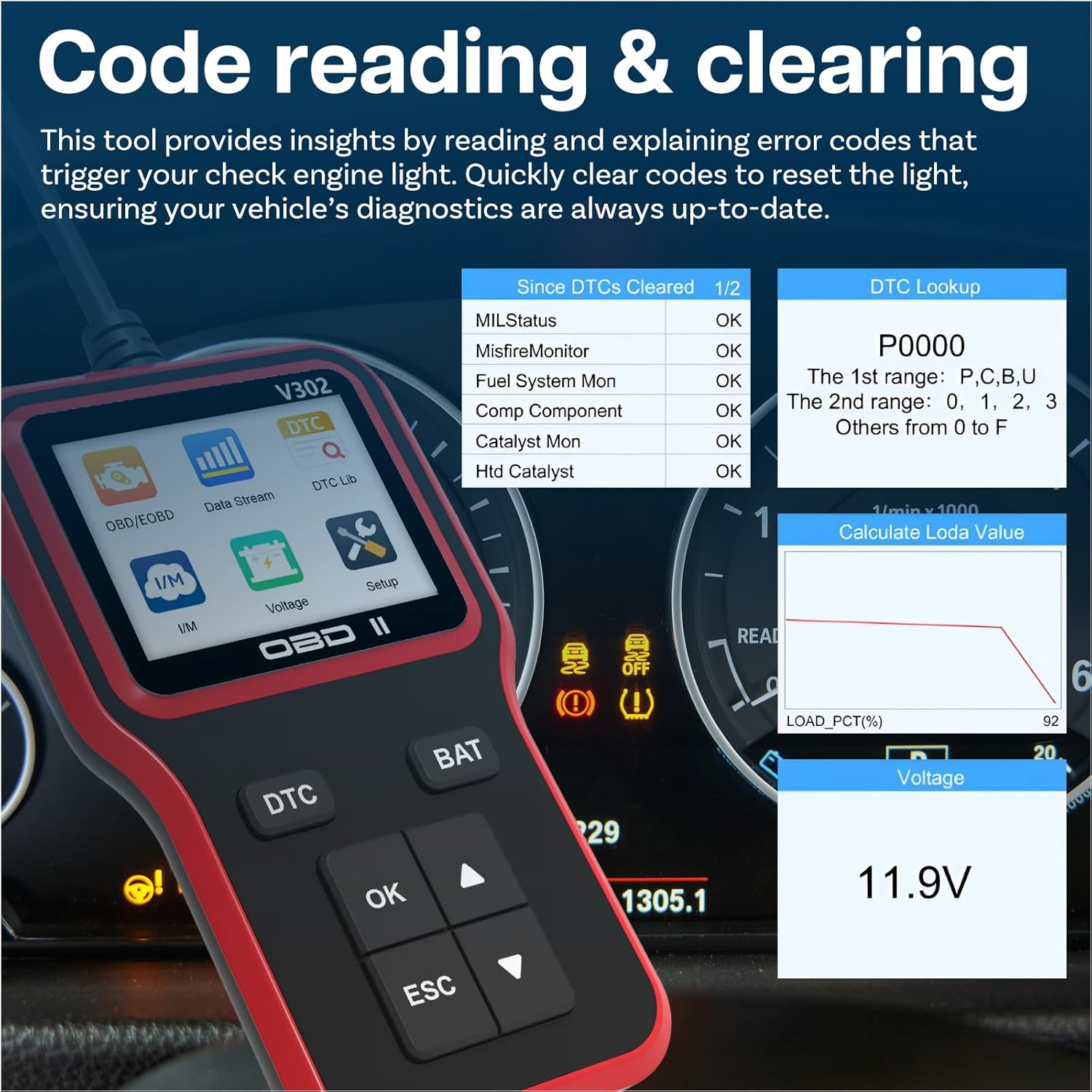 Ferramentas de diagnóstico OBD2 Scanner por - Leitor de código de verificação do motor com reinicialização, prontidão I/M, quadro congelado, modo - 2