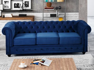 Divano Chesterfield 3 Posti In Velluto Azzurro Pastello - Elegante E Comodo