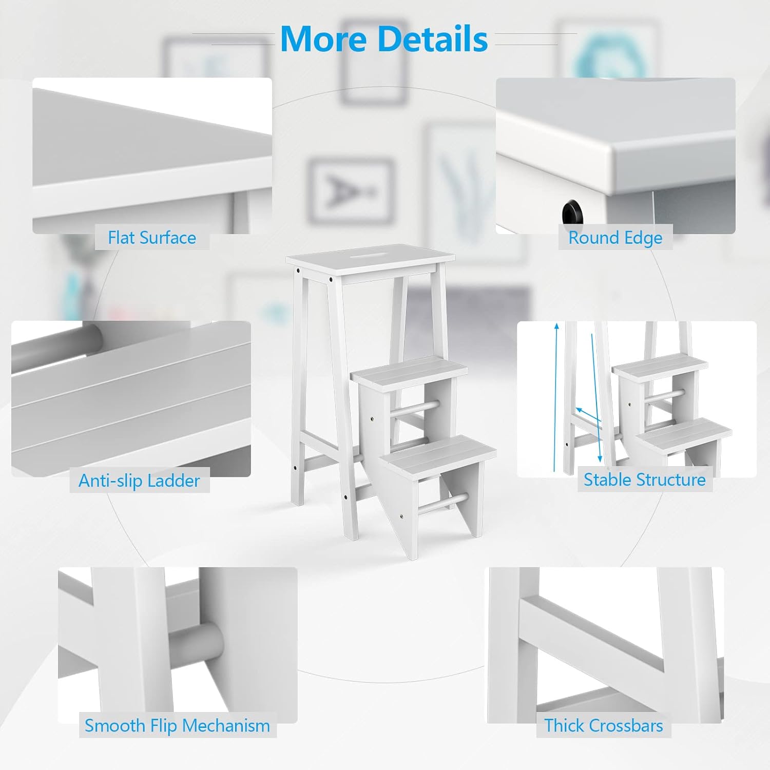 Tabouret Escabeau Pliable 3 Marches, Escabeau Marchepied en Bois Massif, Tabouret d'Échelle Multifonctionnel, avec Marches Réversibles (Blanc) - 2