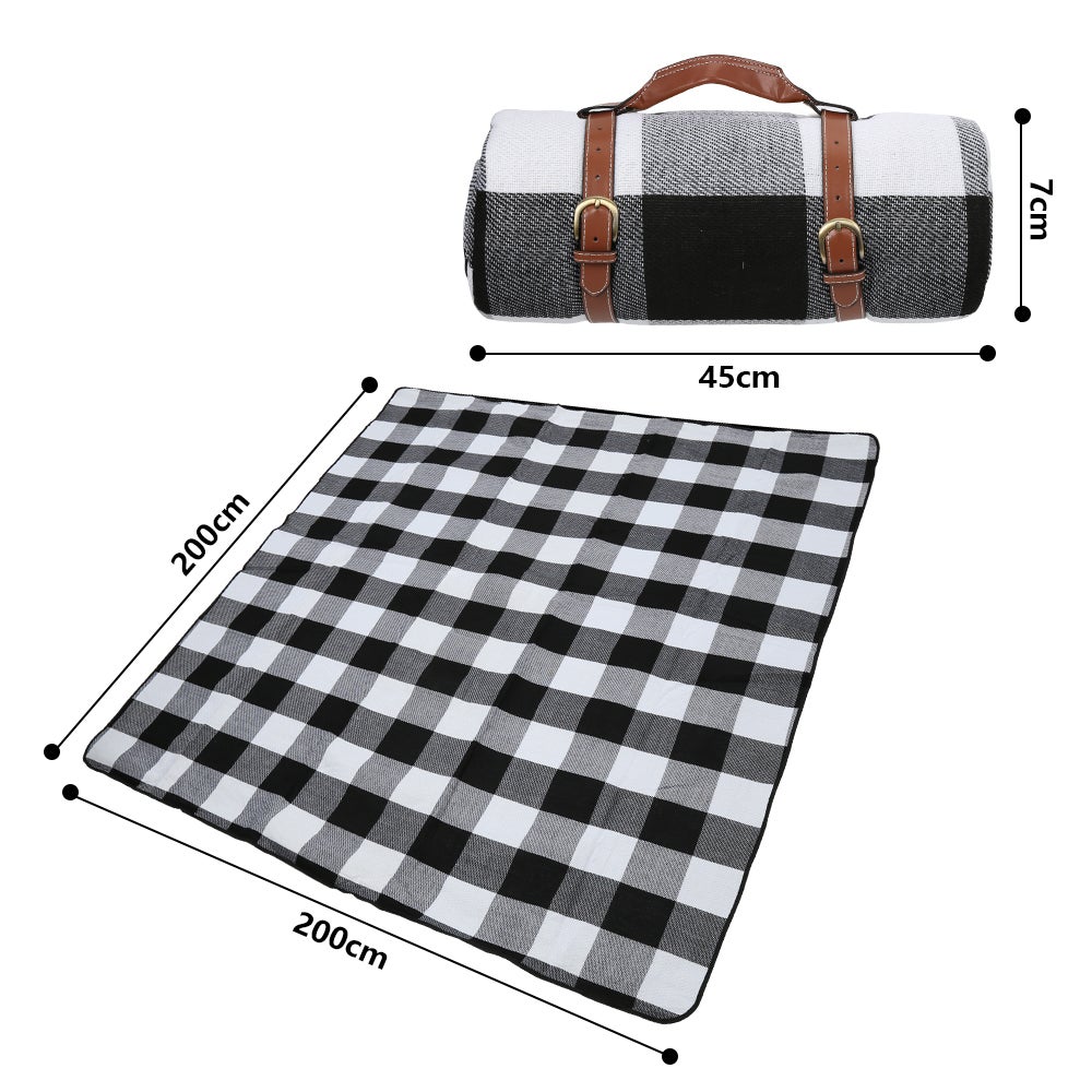 Coperta Da Picnic Impermeabile XL 200x200 Cm - Tappetino Da Spiaggia Pieghevole Con Manico - Lavabile, Per 6-8 Persone (Check Bianco E Nero)