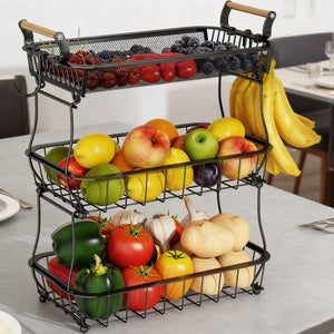 Portafrutta A 3 Livelli Con 2 Ganci Per Banane – Cesto Da Cucina Impilabile E Smontabile, Griglia Fine Per Frutti Di Bosco, Nero, Per Bancone E Dispensa