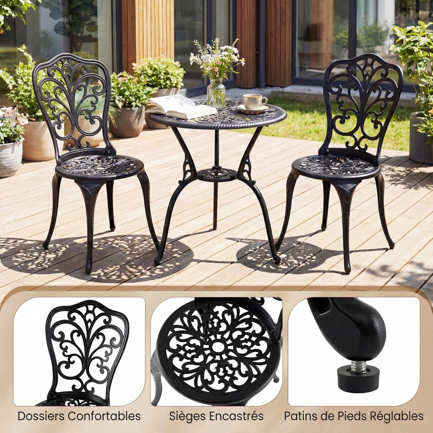 GIANTEX Sala Jardim 3Pcs em Alumínio Fundido, Conjunto Bistrô 2 Cadeiras e 1 Mesa Redonda,com Furo Guarda-sol, para Varanda Terraço Jardim, Preto - 3