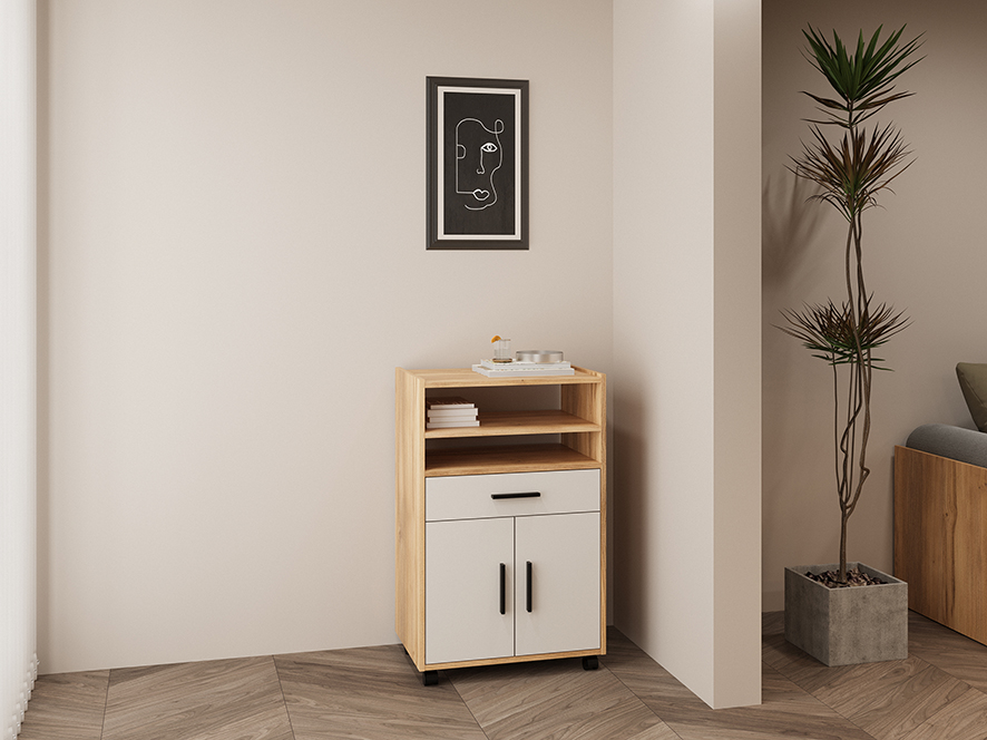 Móvel Auxiliar de Cozinha com Rodas Mauvella Bege – 3 Prateleiras, 1 Gaveta e 2 Portas – 92x59x39,6 cm – Melamina Resistente, Design Moderno e Funcion