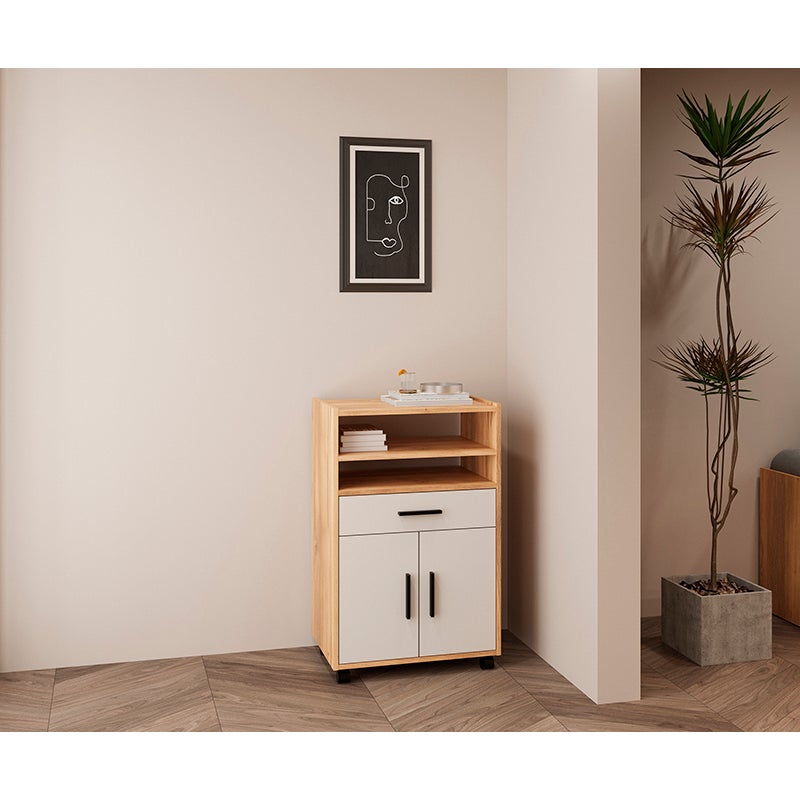 Móvel Auxiliar de Cozinha com Rodas Mauvella Bege – 3 Prateleiras, 1 Gaveta e 2 Portas – 92x59x39,6 cm – Melamina Resistente, Design Moderno e Funcion